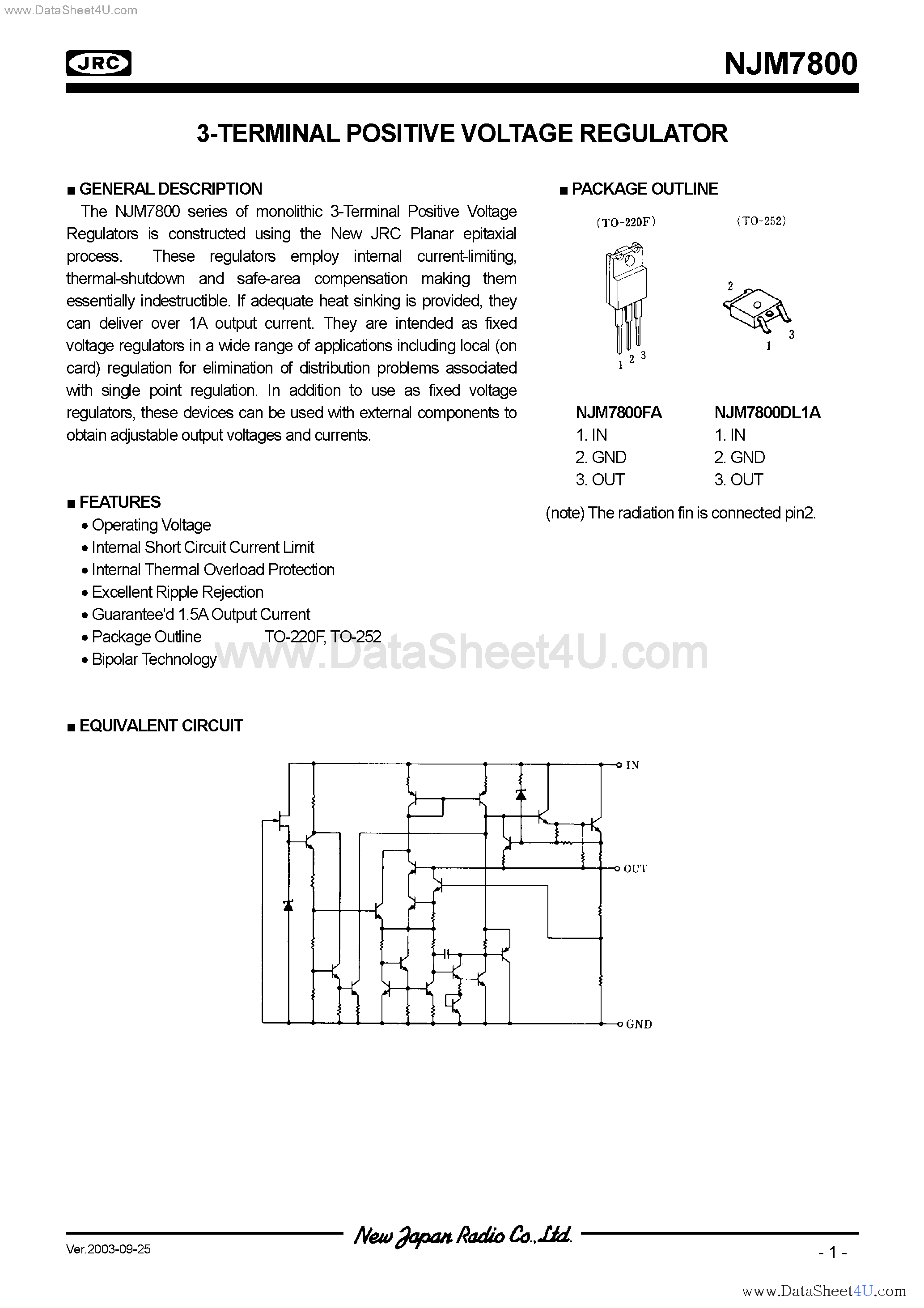 Datasheet NJM7800 page 1 Datasheet NJM7800 - (NJM7800 Series) 3-Terminal Positive Voltage Regulator page 1