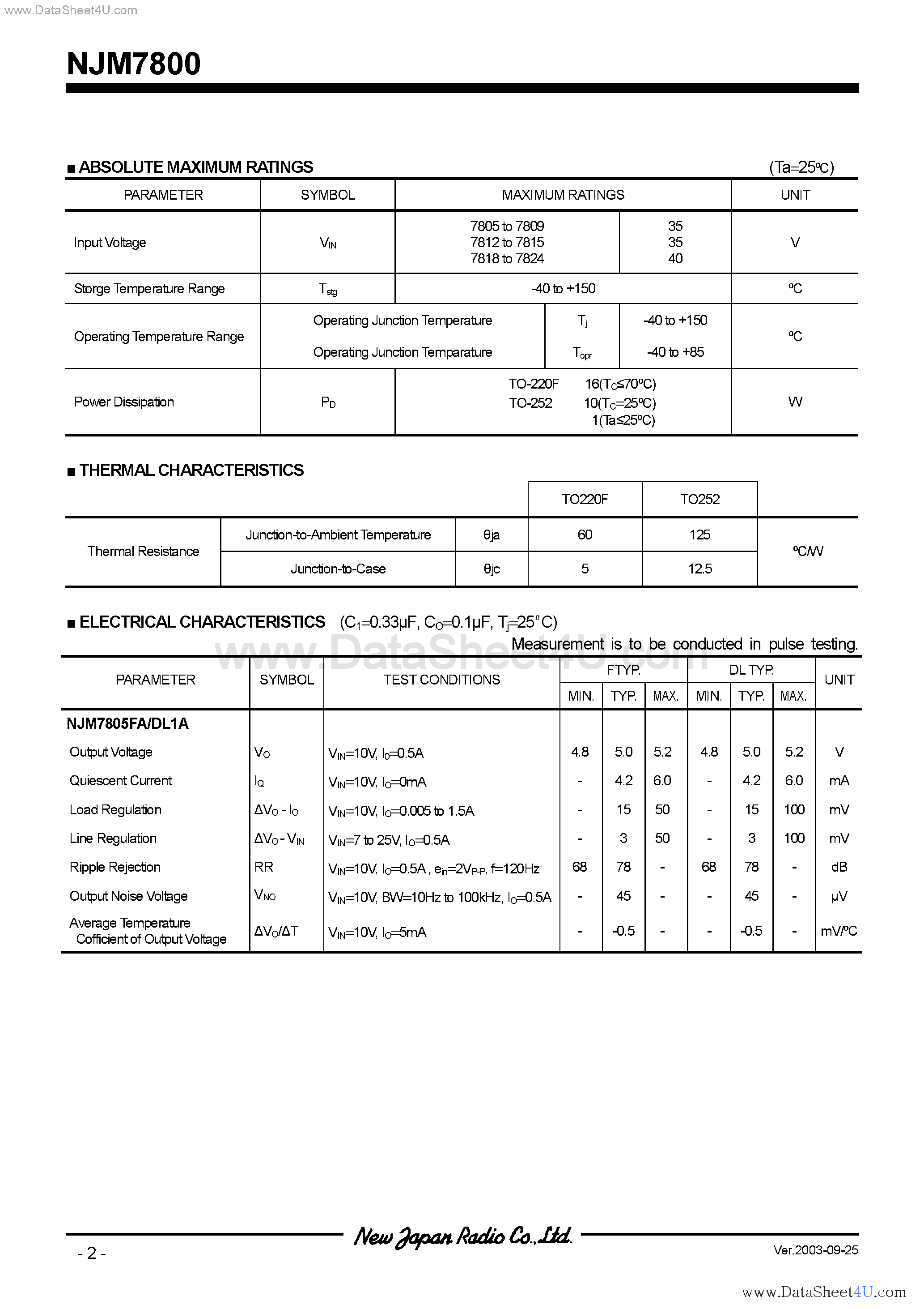 Datasheet NJM7800 page 2 Datasheet NJM7800 - (NJM7800 Series) 3-Terminal Positive Voltage Regulator page 2