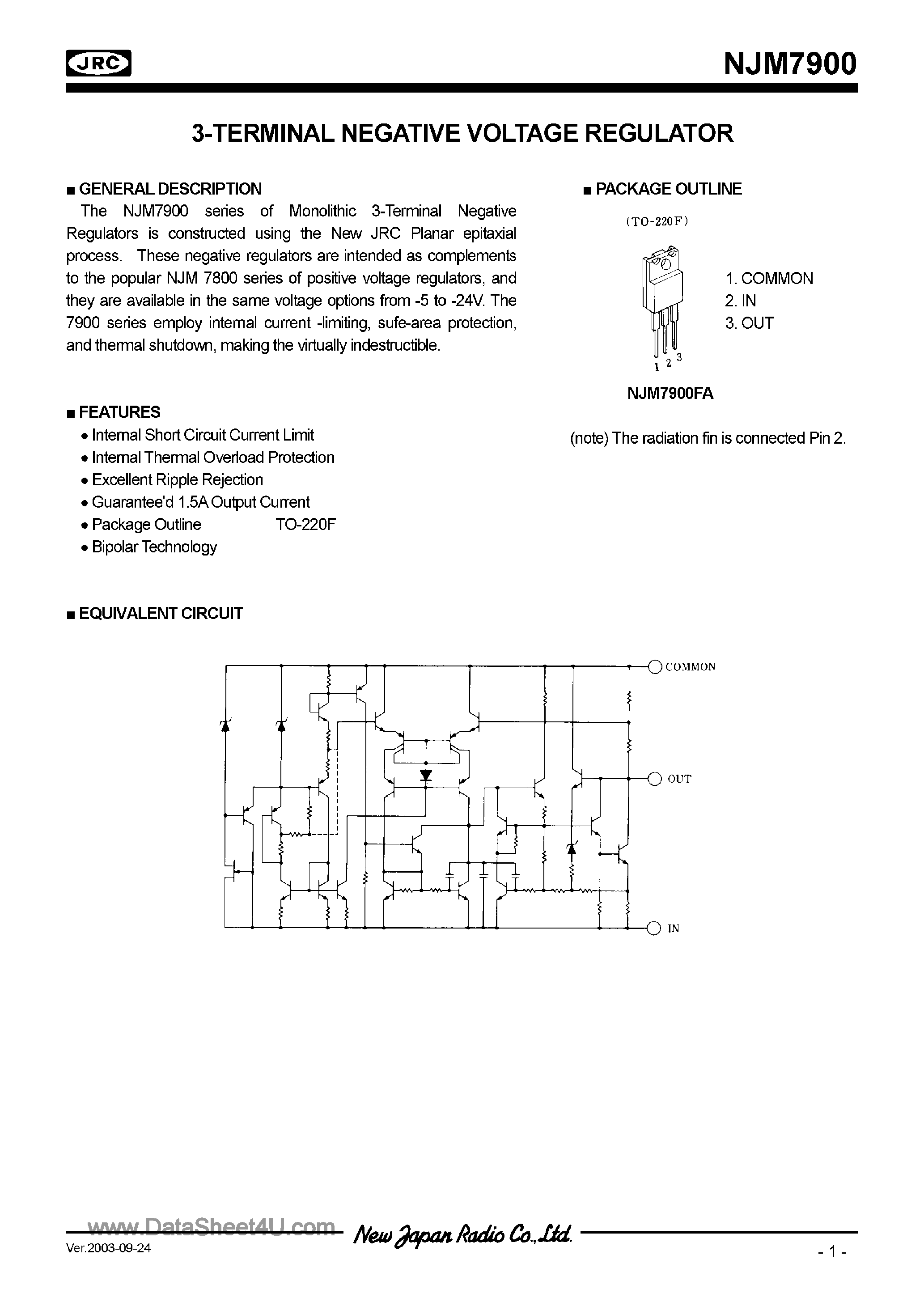 Datasheet NJM7900 - (NJM7900 Series) 3-Terminal Negative Voltage Regulator page 1