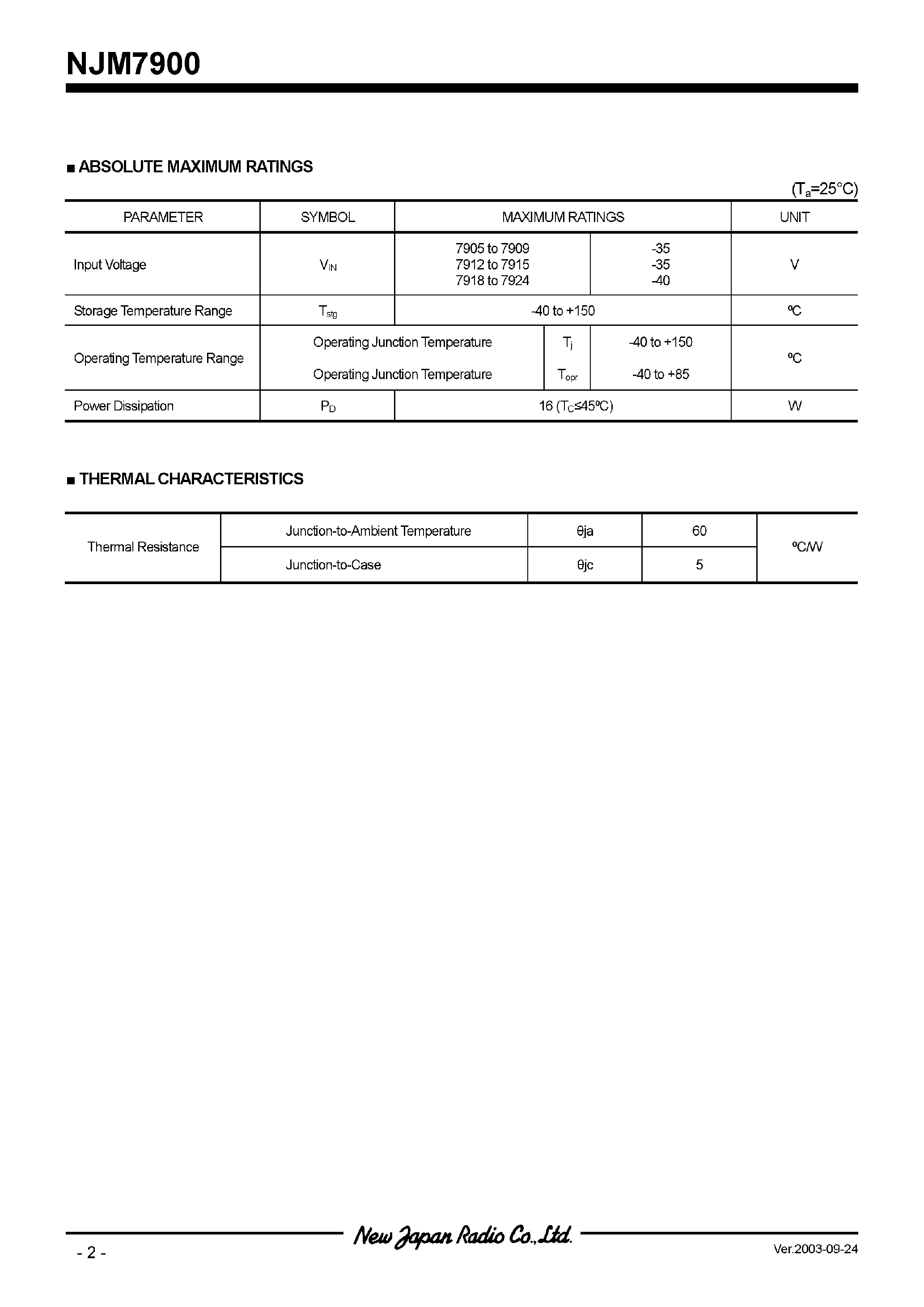 Datasheet NJM7900 - (NJM7900 Series) 3-Terminal Negative Voltage Regulator page 2