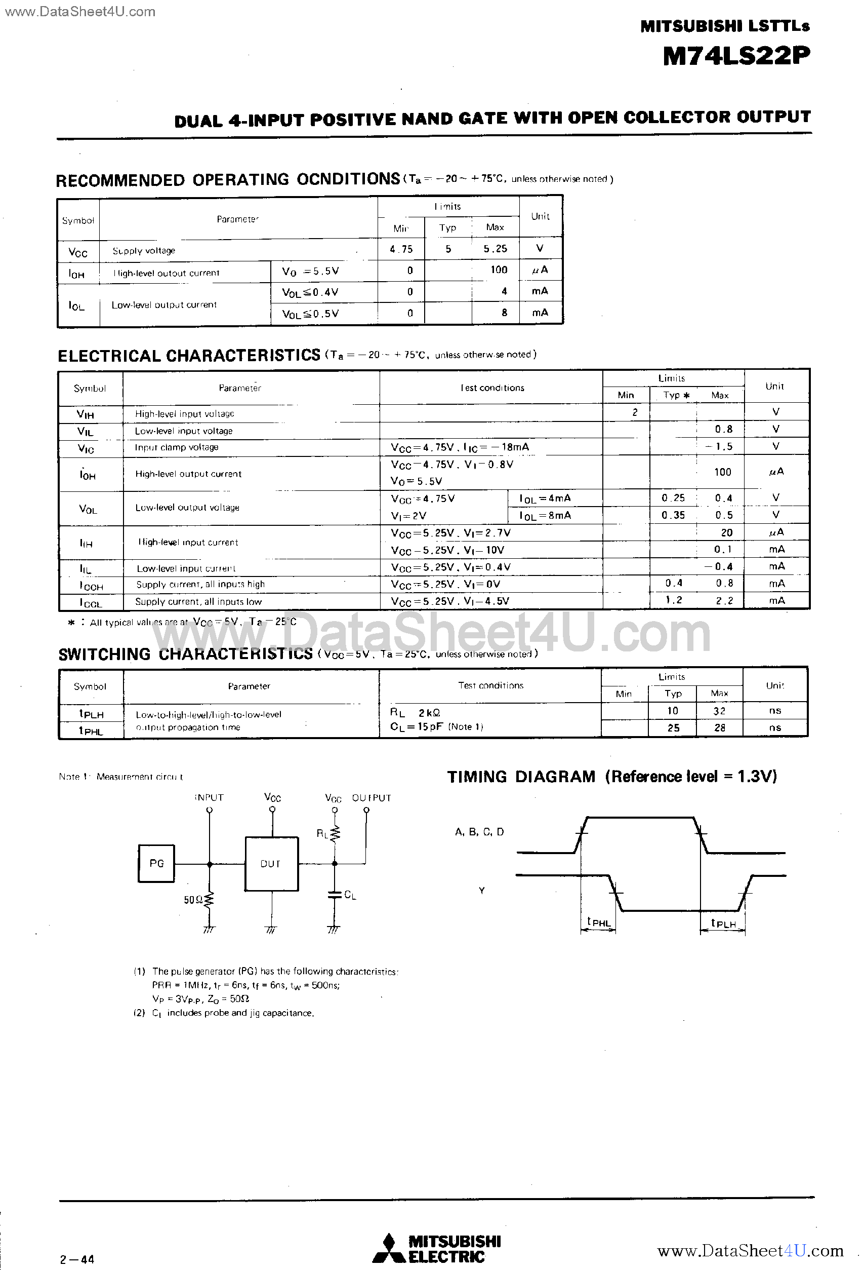 Даташит M74LS22P - Dual 4-Input Positive NAND Gate страница 2