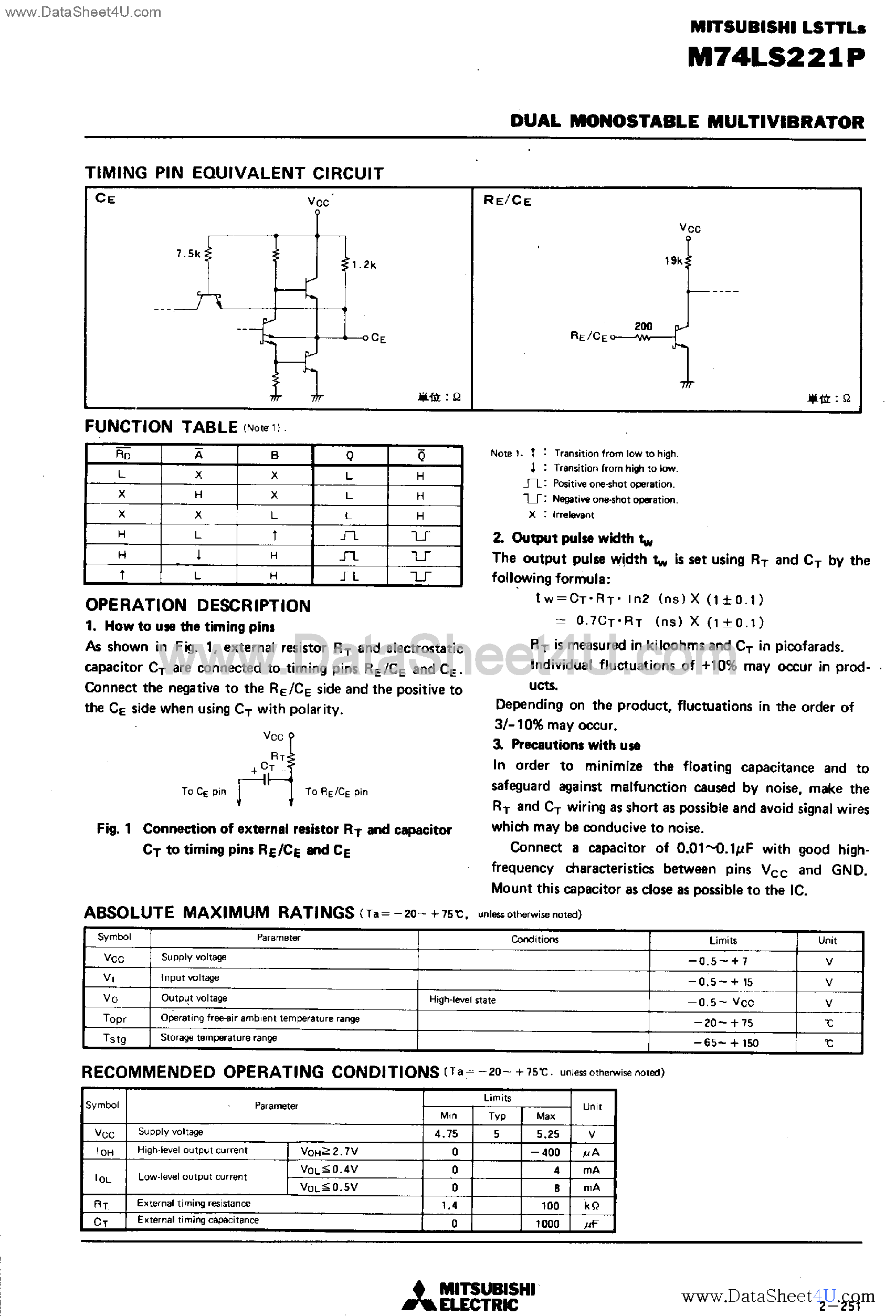 Datasheet M74LS221P page 2 Datasheet M74LS221P - Dual Monostable Multivibrator page 2