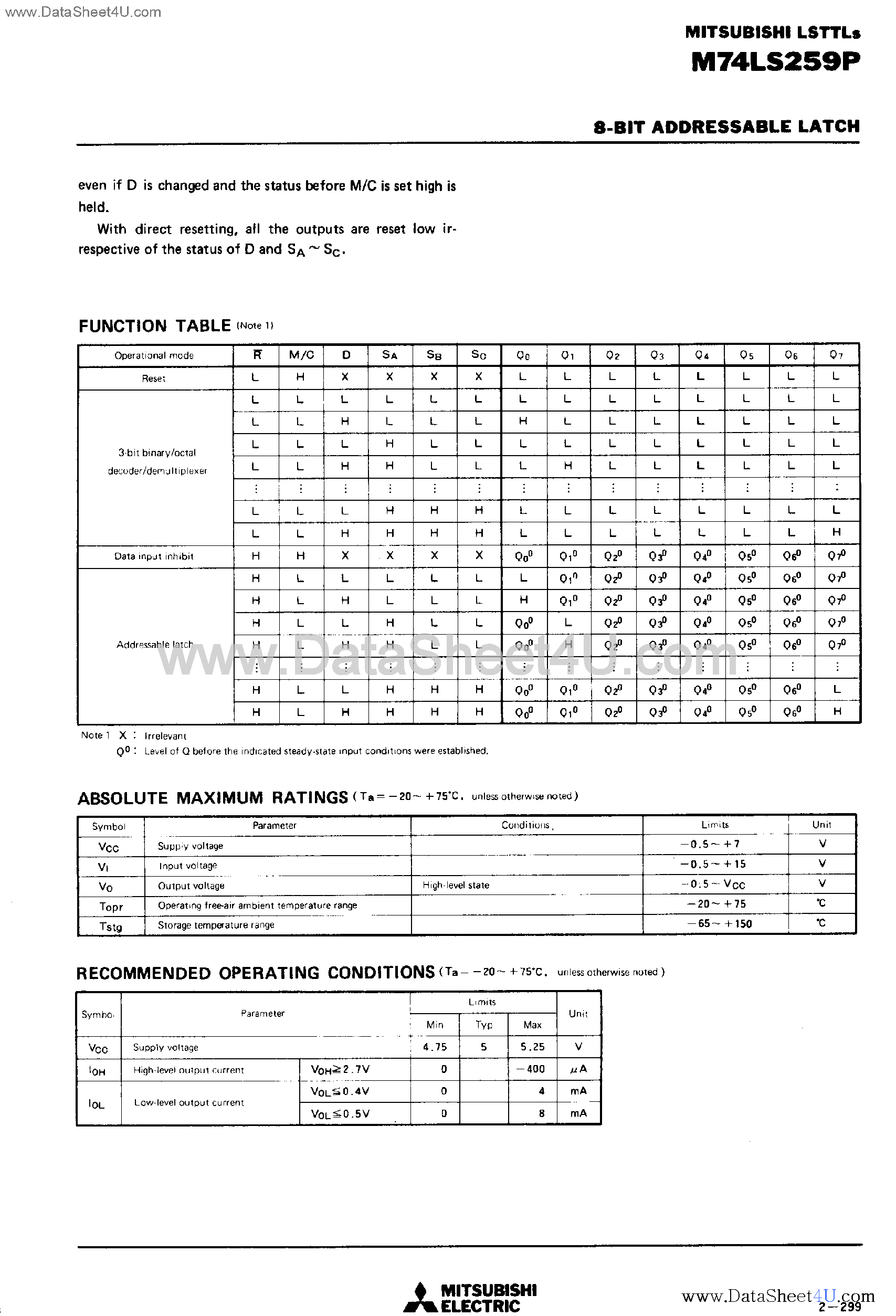 Datasheet M74LS259P page 2 Datasheet M74LS259P - 8-Bit Addressable Latch page 2