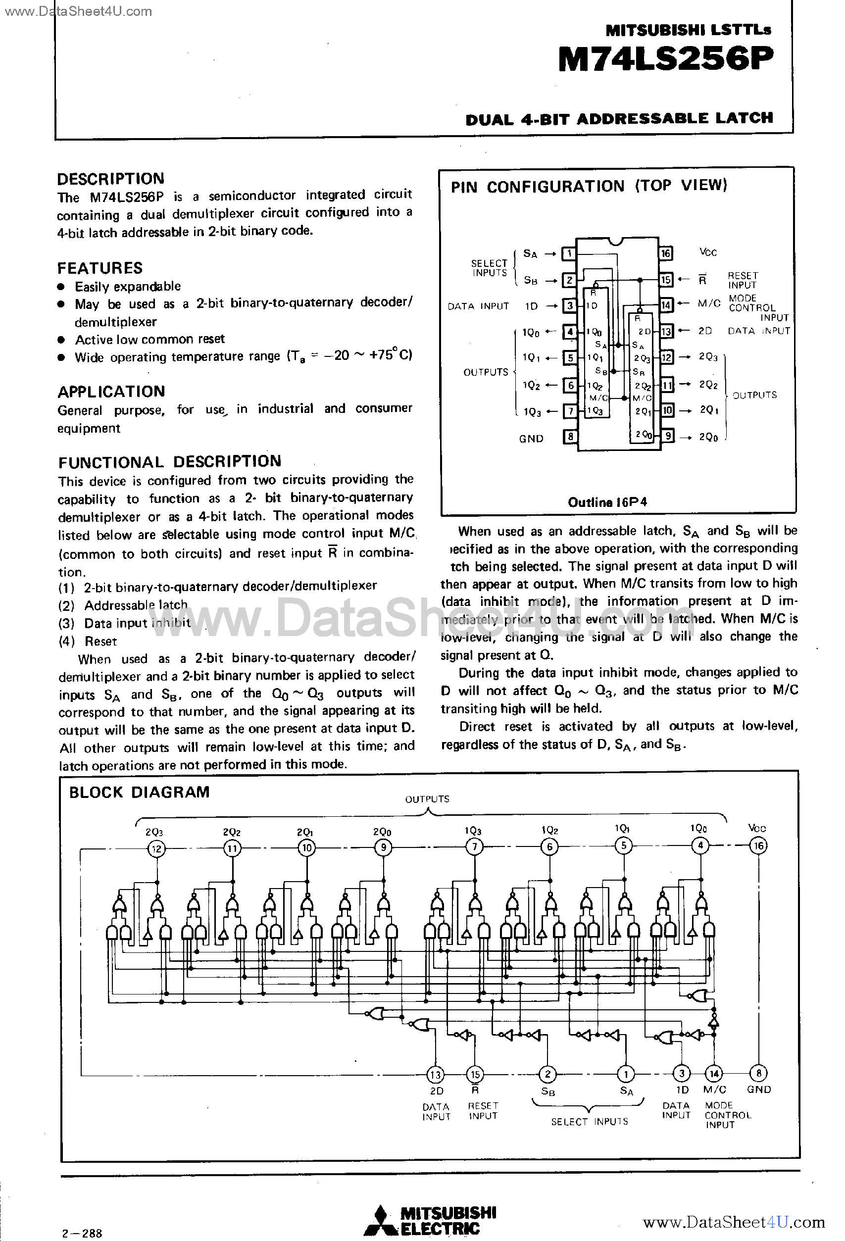 Даташит M74LS256P - Dual 4-Bit Addressable Latch страница 1