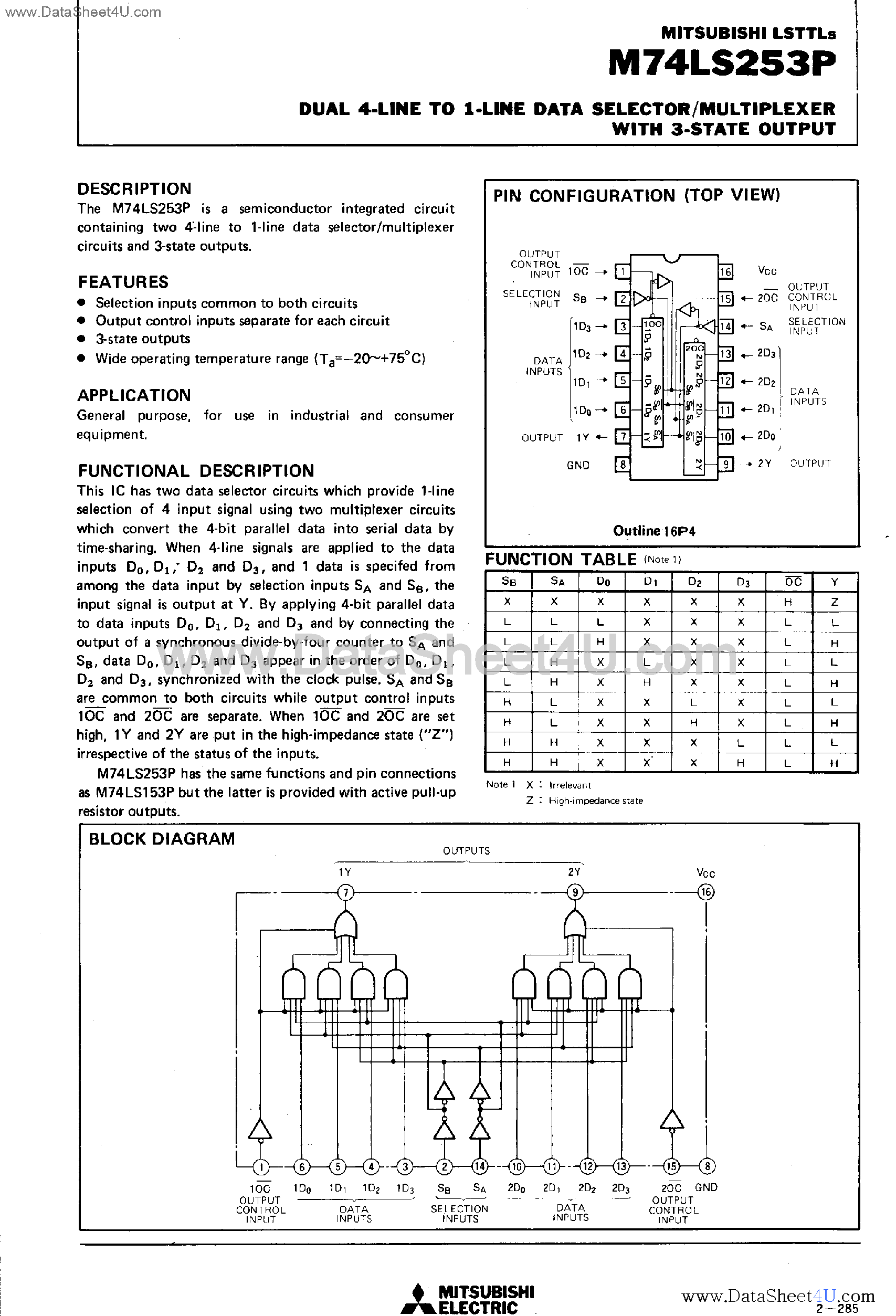 Даташит на микросхему M74LS253P страница 1 Даташит M74LS253P - Dual 4-Line to 1-Line Data Selector / Multiplexer страница 1