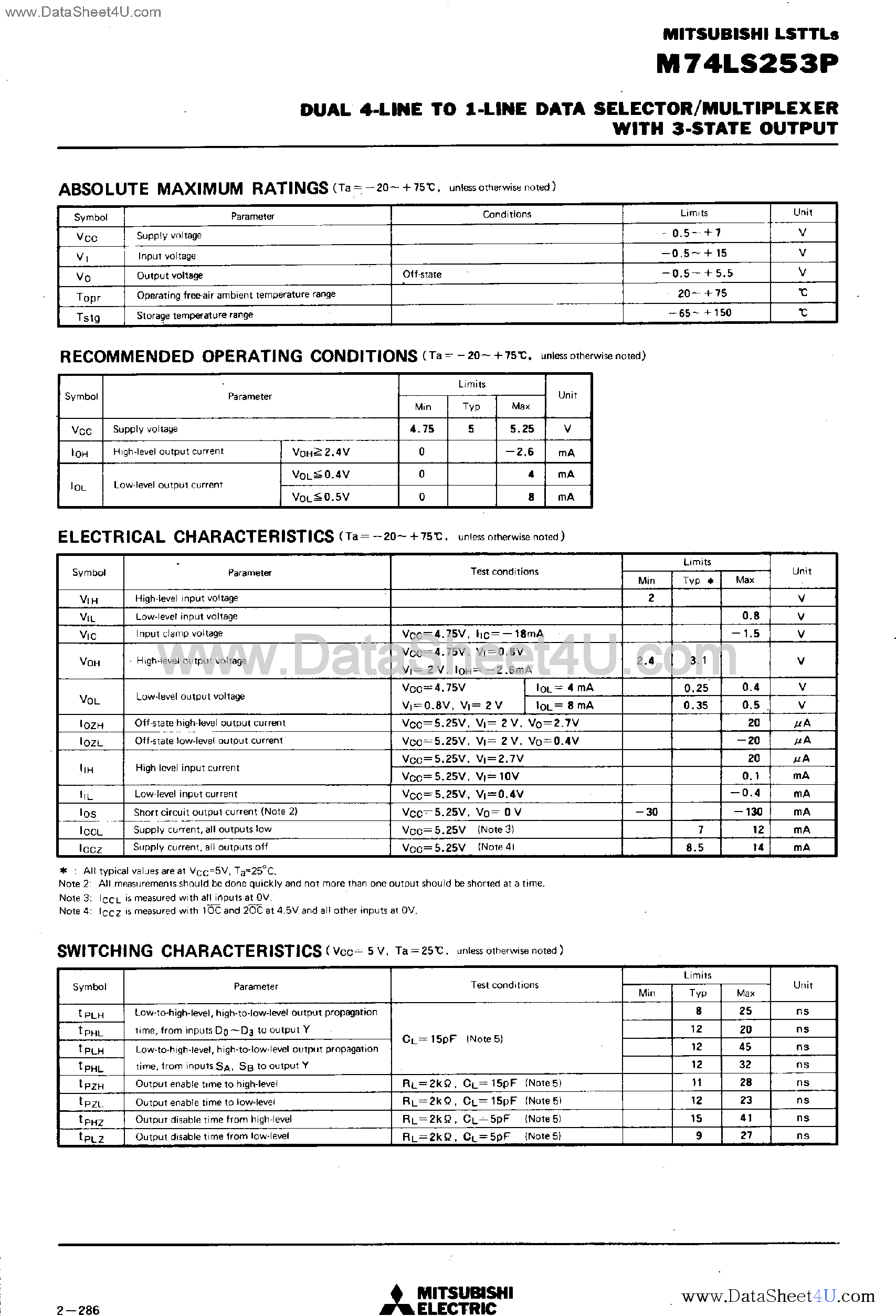 Даташит на микросхему M74LS253P страница 2 Даташит M74LS253P - Dual 4-Line to 1-Line Data Selector / Multiplexer страница 2