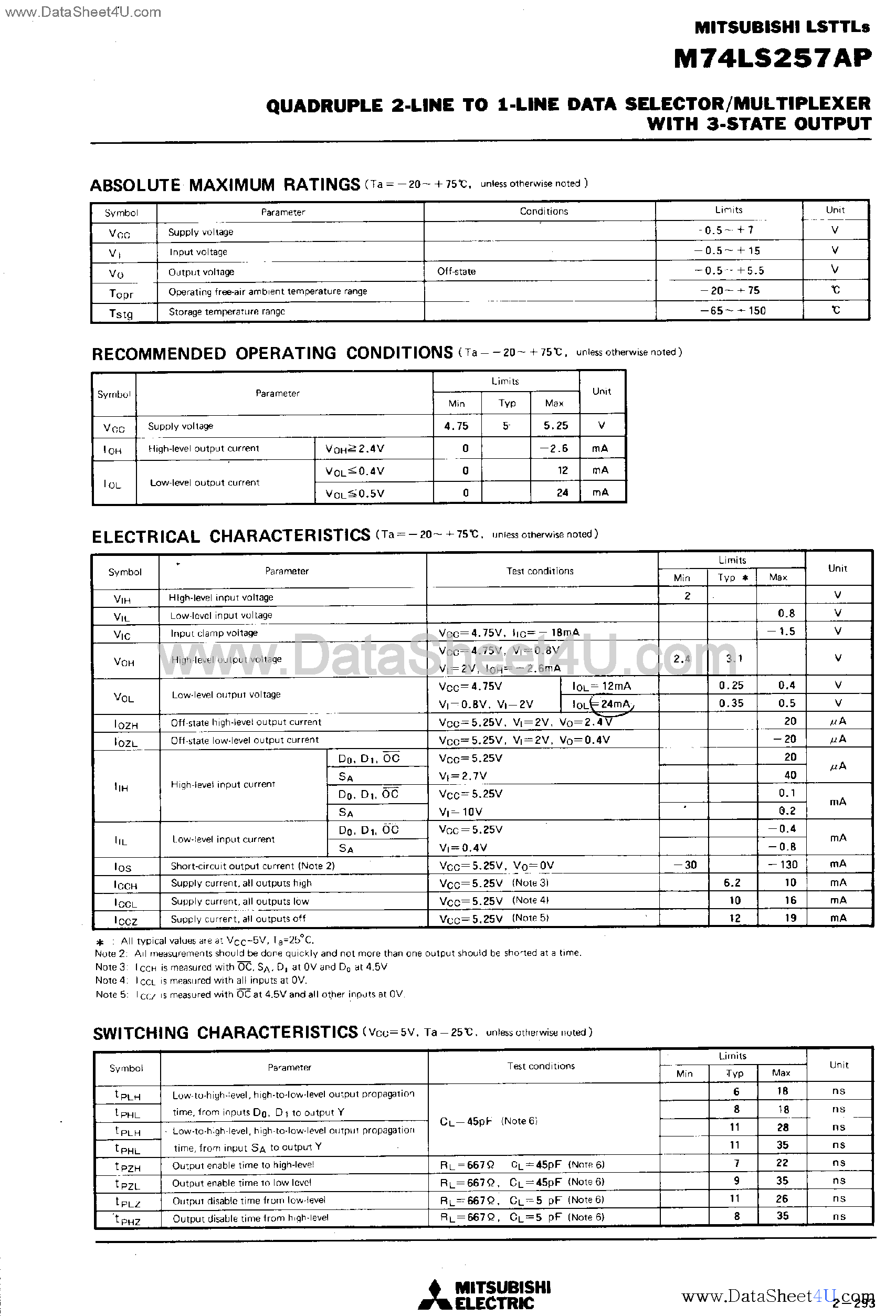 Datasheet M74LS257AP - Quadruple 2-Line to 1-Line Data Selector / Multiplexer page 2