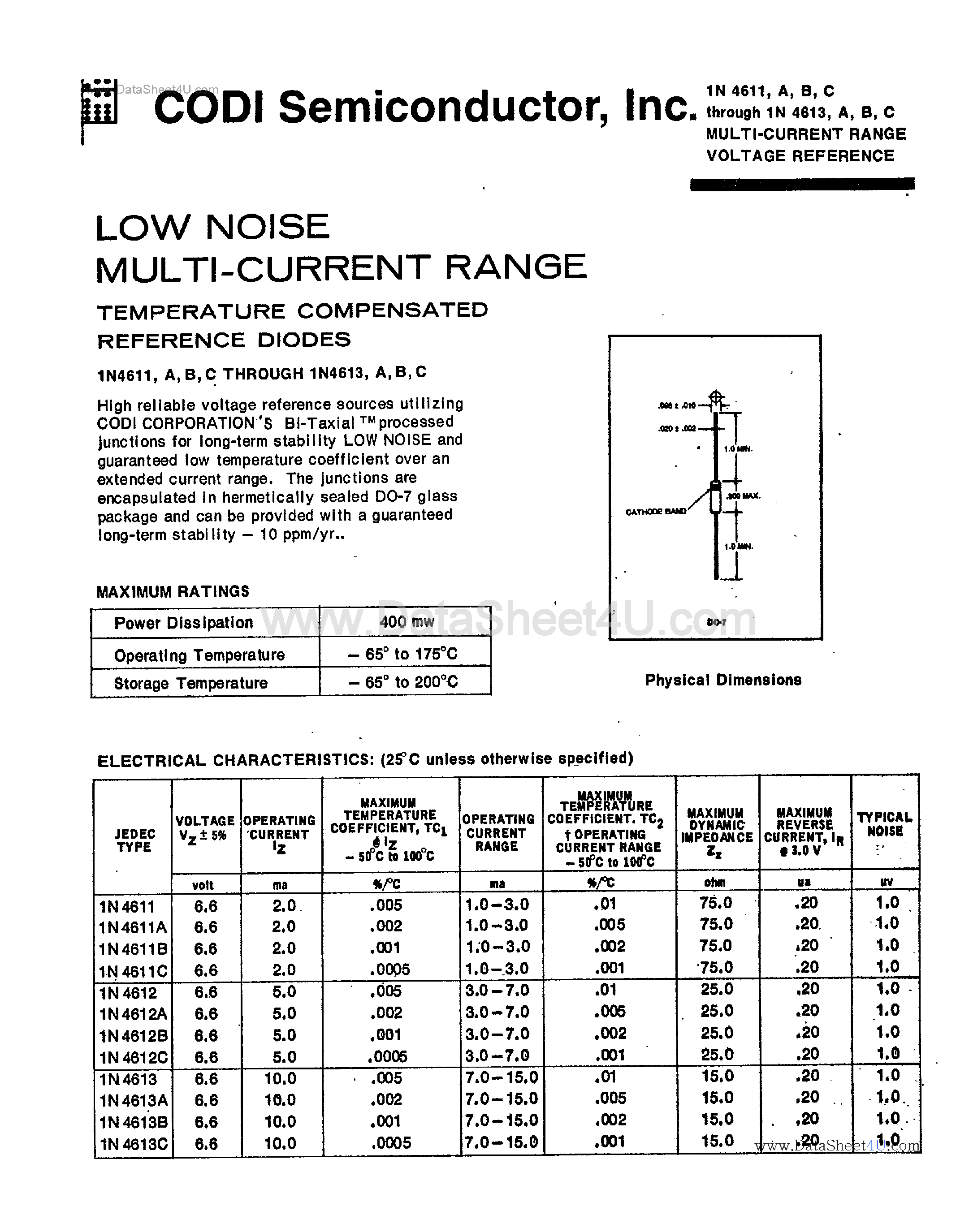 Datasheet 1N4611 page 1 Datasheet 1N4611 - (1N4611 - 1N4613) Low Noise Multi Current Range page 1