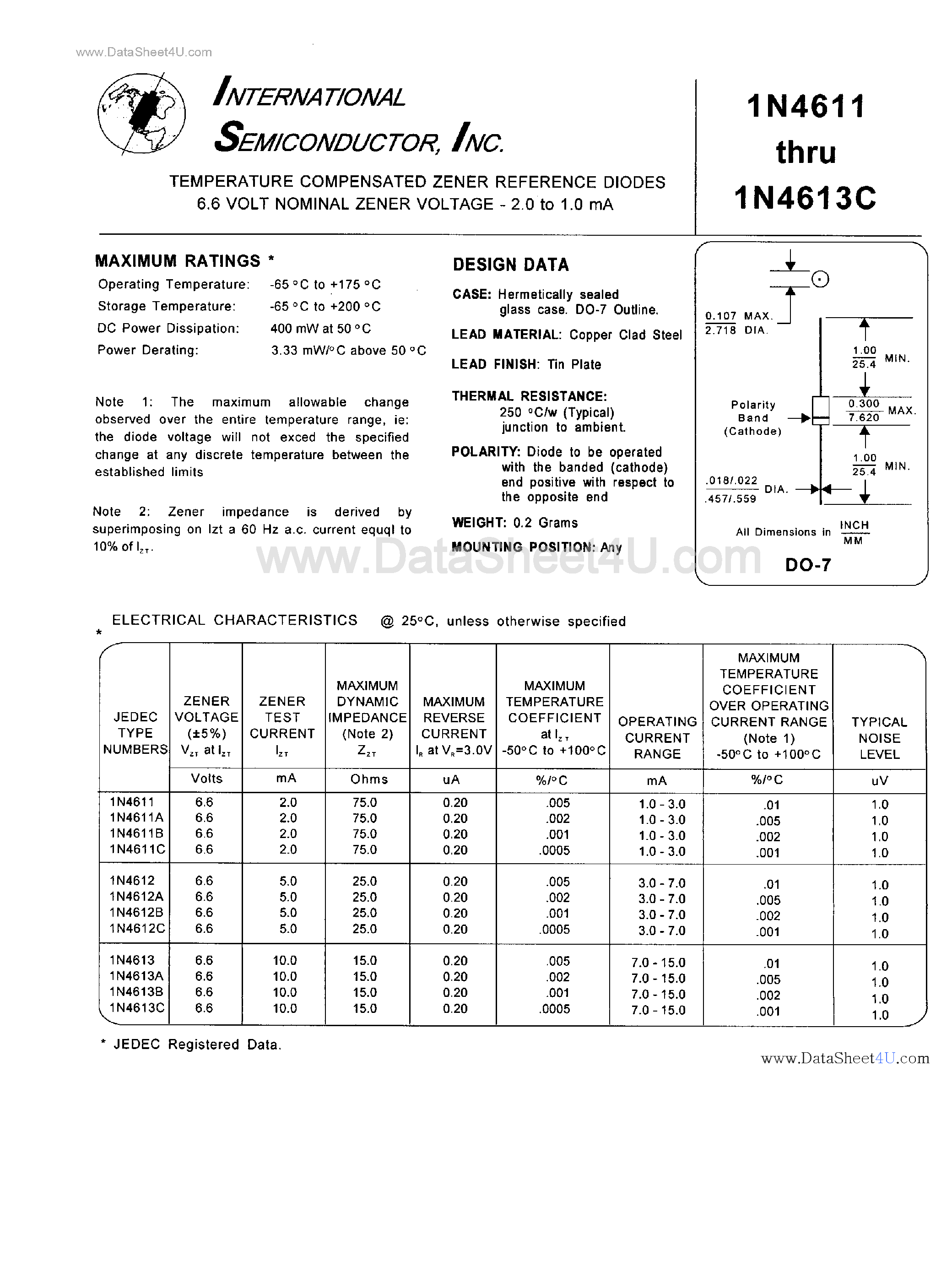 Datasheet 1N4611 page 1 Datasheet 1N4611 - (1N4611 - 1N4613) Diode page 1