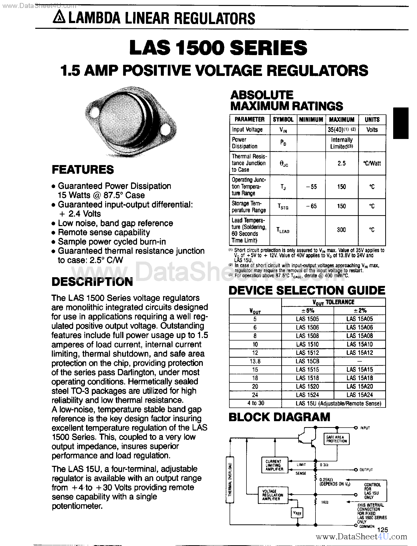 Datasheet LAS15CB page 1 Datasheet LAS15CB - 1.5 Amp Positive Voltage Regulators page 1