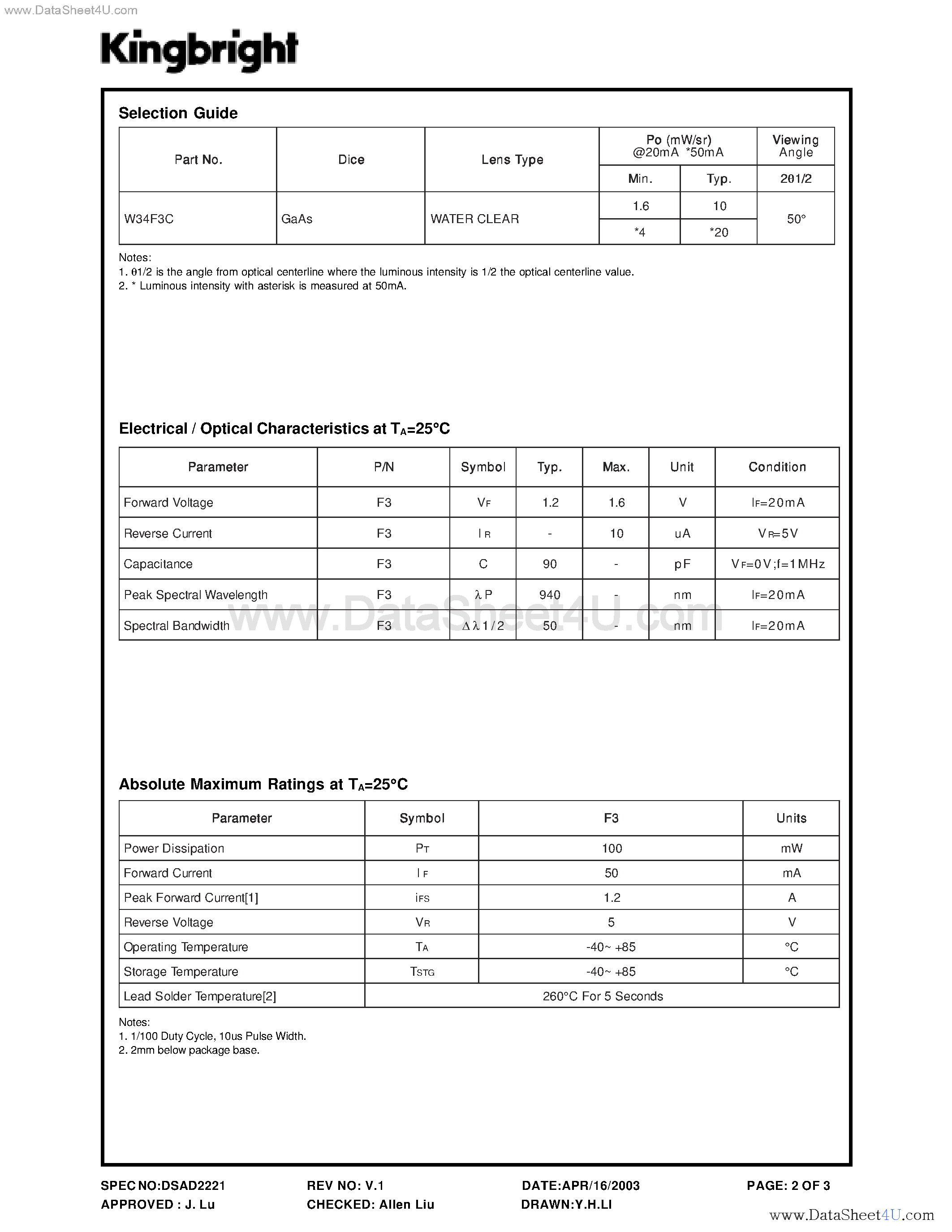 Datasheet W34F3C - T-1 (3mm) INFRA-RED EMITTING DIODE page 2