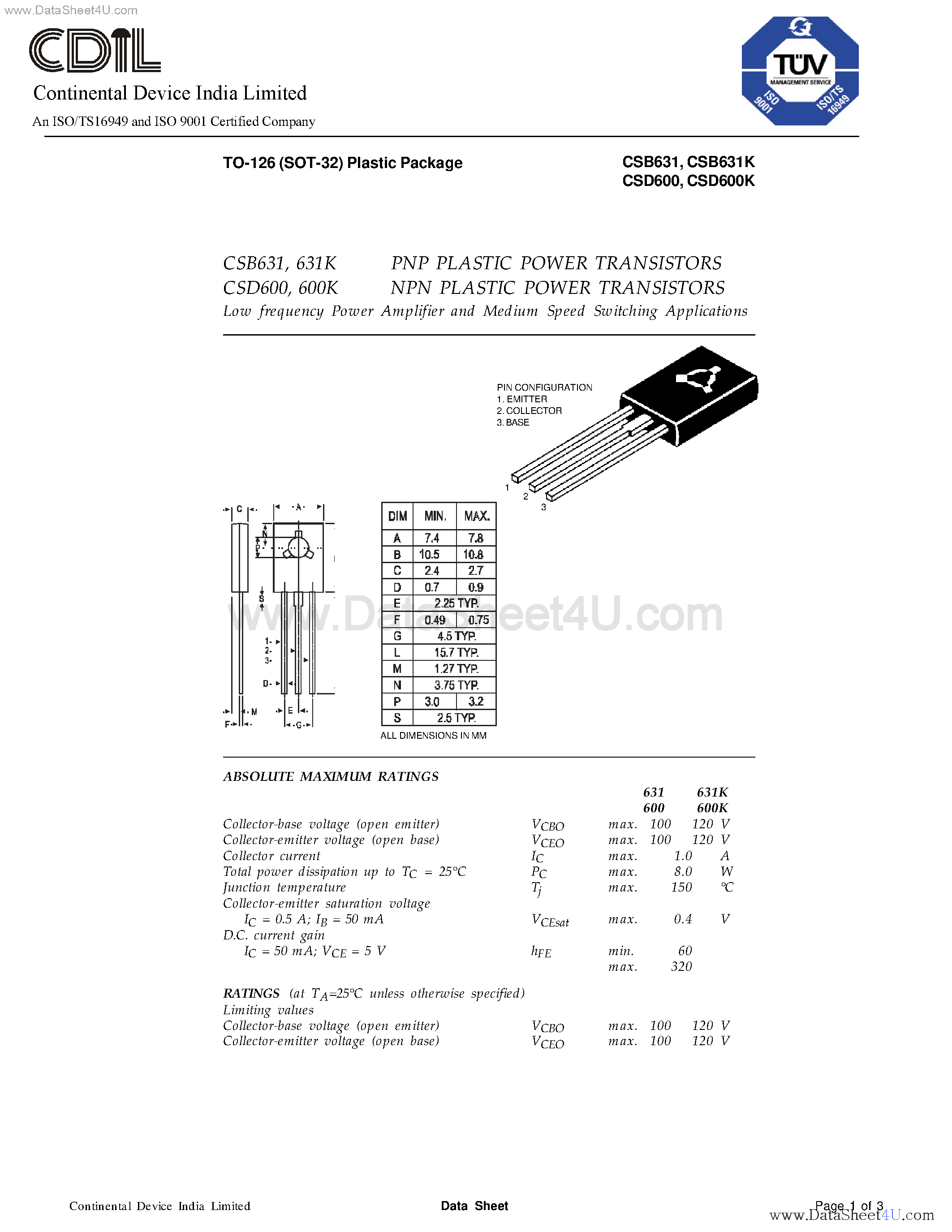 Даташит CSD600 - PNP PLASTIC POWER TRANSISTORS страница 1