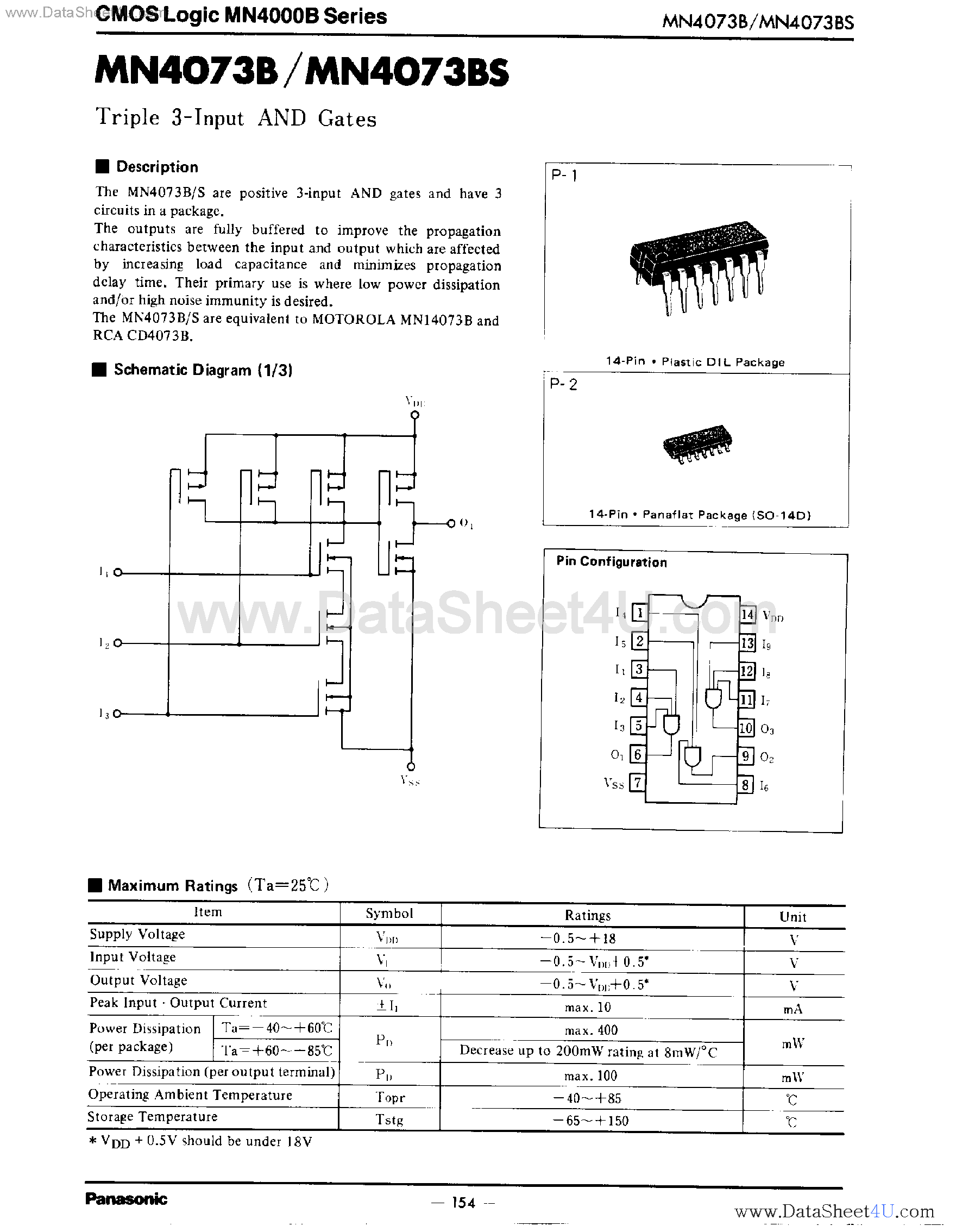 Datasheet MN4073B - Triple 3-Input AND Gates page 1