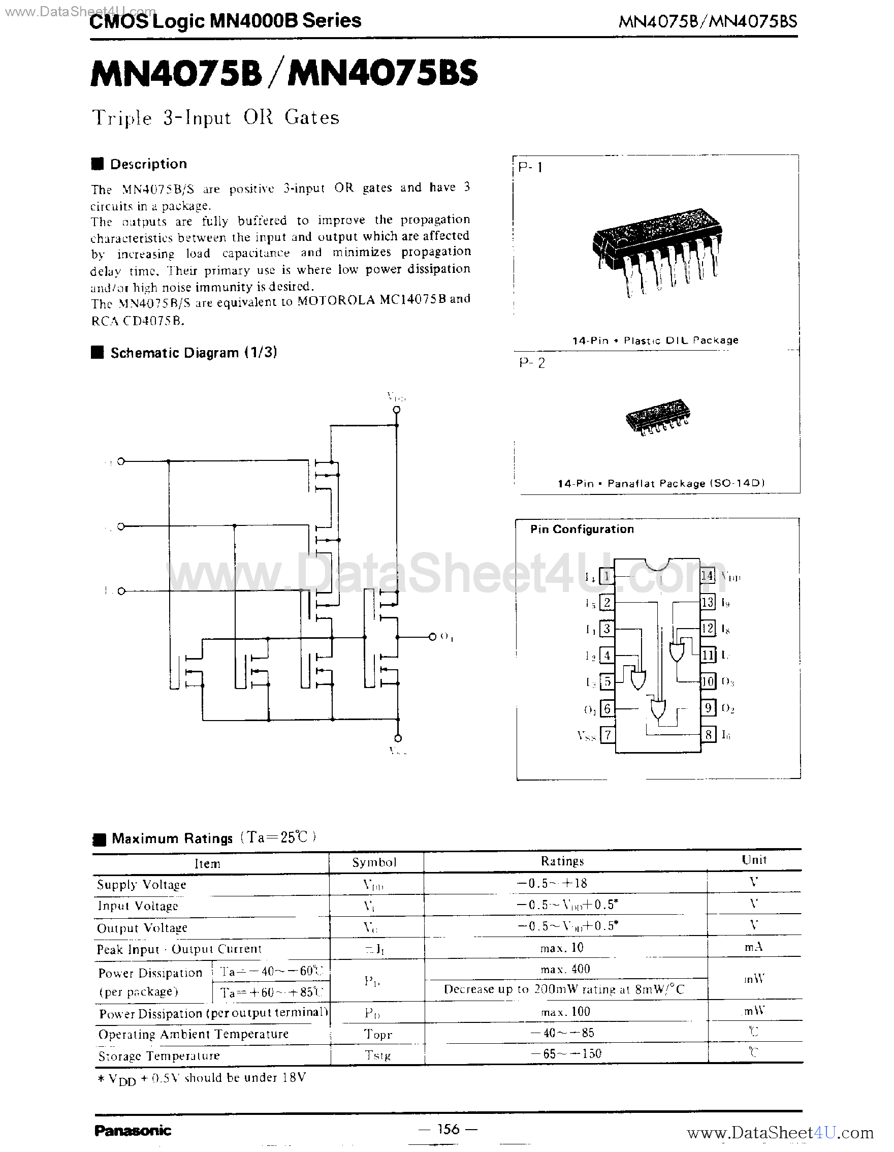 Datasheet MN4075B - Triple 3-Input OR Gates page 1