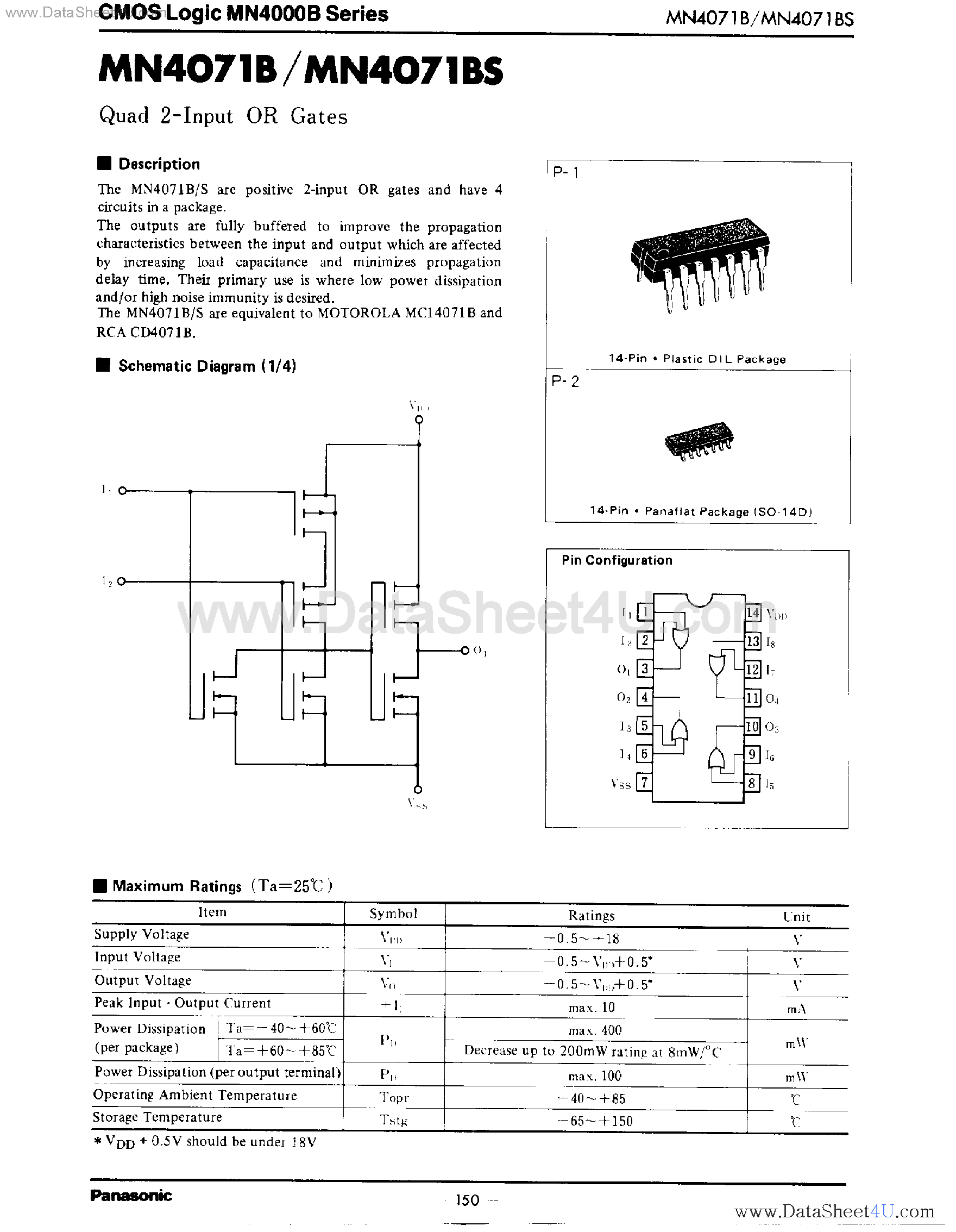 Datasheet MN4071B - Quad 2-Input OR Gates page 1