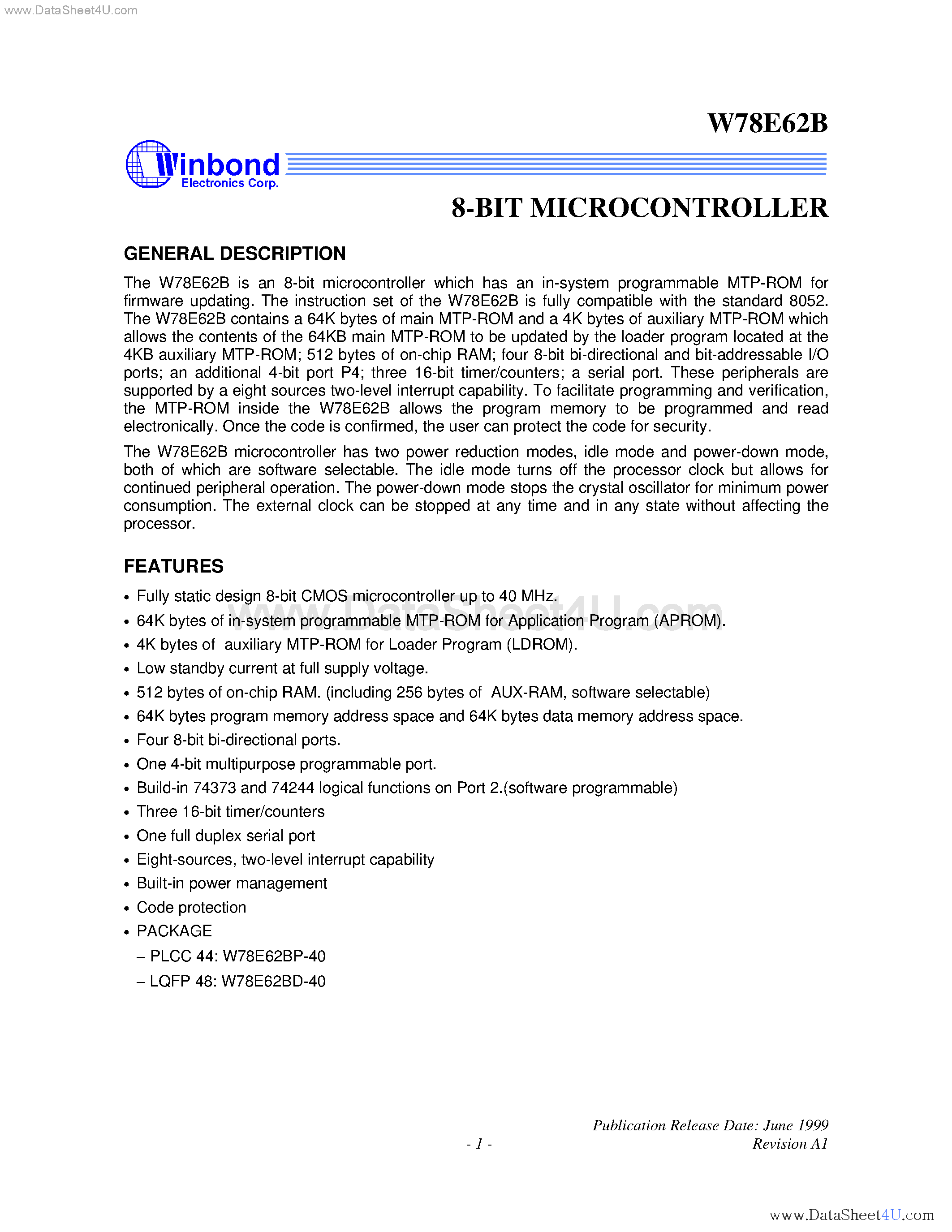 Datasheet W78E62B page 1 Datasheet W78E62B - 8-Bit Microcontroller page 1