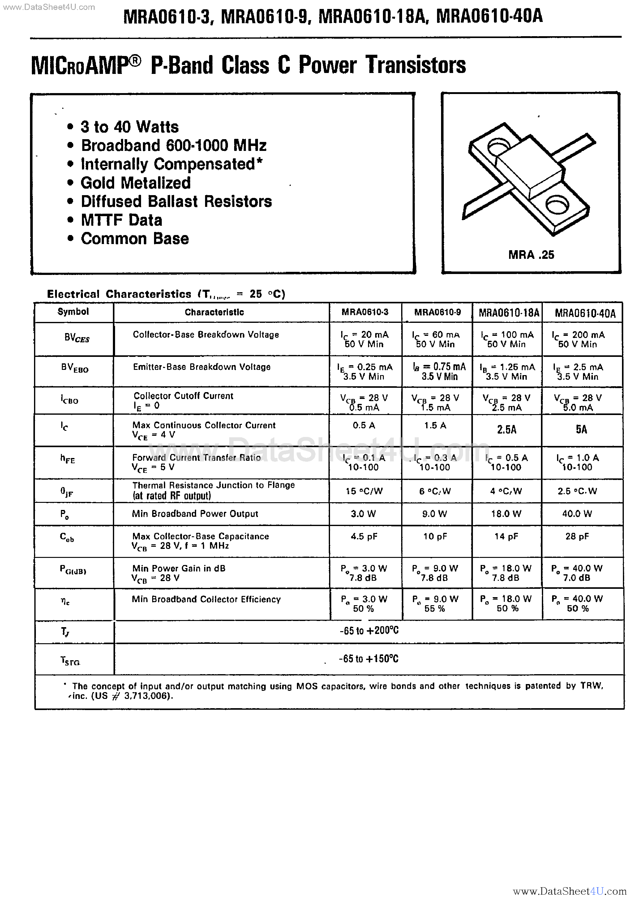 Datasheet MRA0610-18A page 1 Datasheet MRA0610-18A - (MRA0610-xxx) P-Band Class C Power Transistors page 1