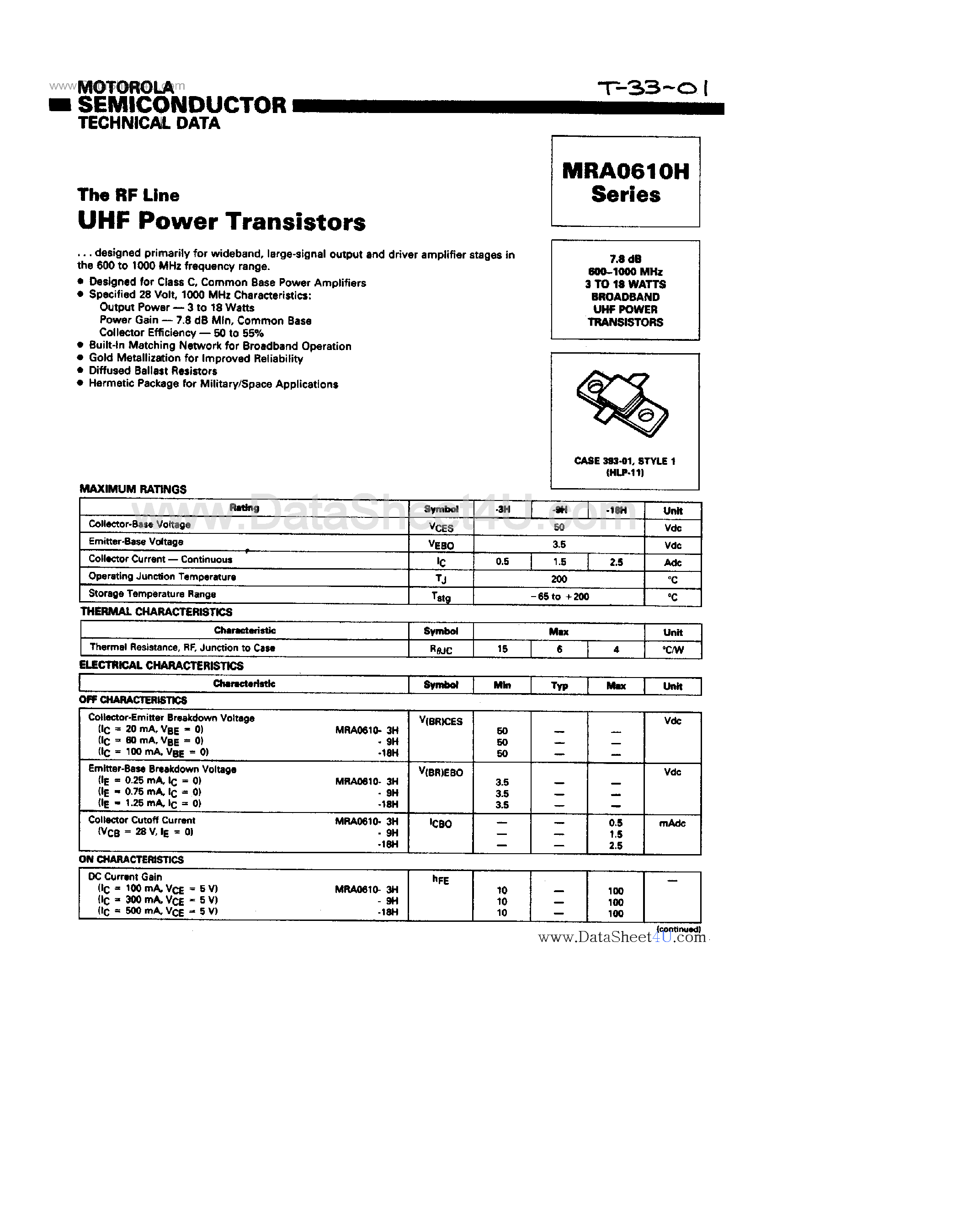 Datasheet MRA0610-18H page 1 Datasheet MRA0610-18H - (MRA0610H Series) UHF Power Transistors page 1