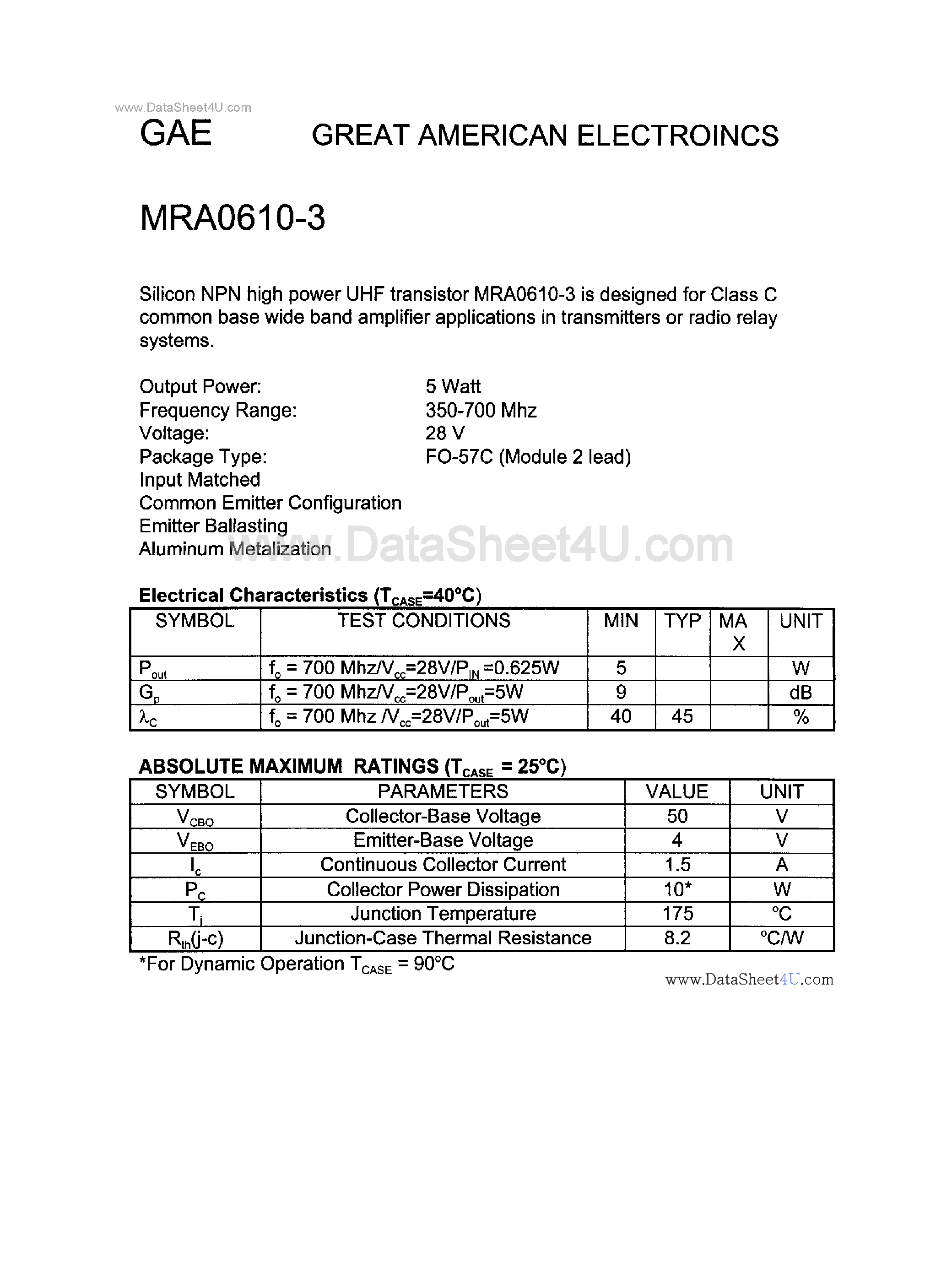 Datasheet MRA0610-3 - Silicon NPN High Power UHF Transistor page 1