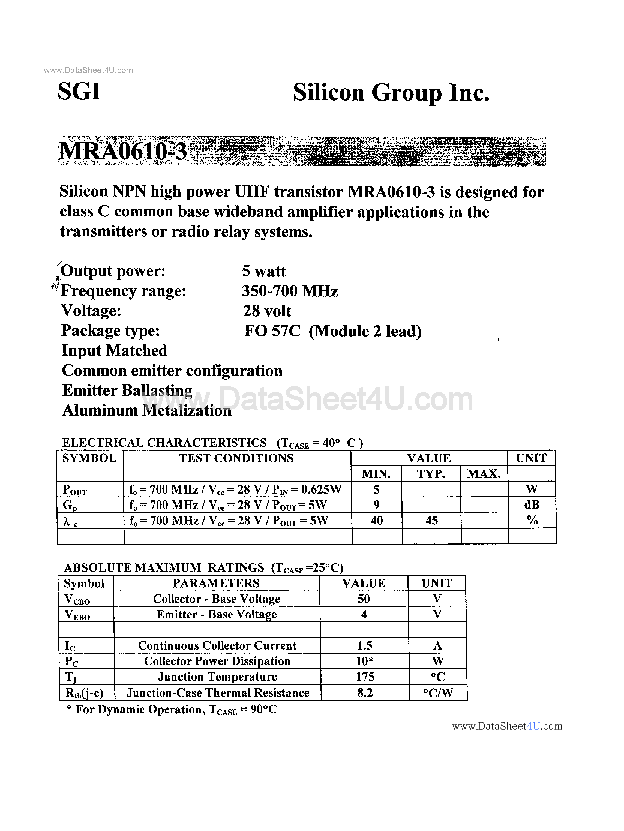 Datasheet MRA0610-3 - Silicon NPN High Power UHF Transistor page 1