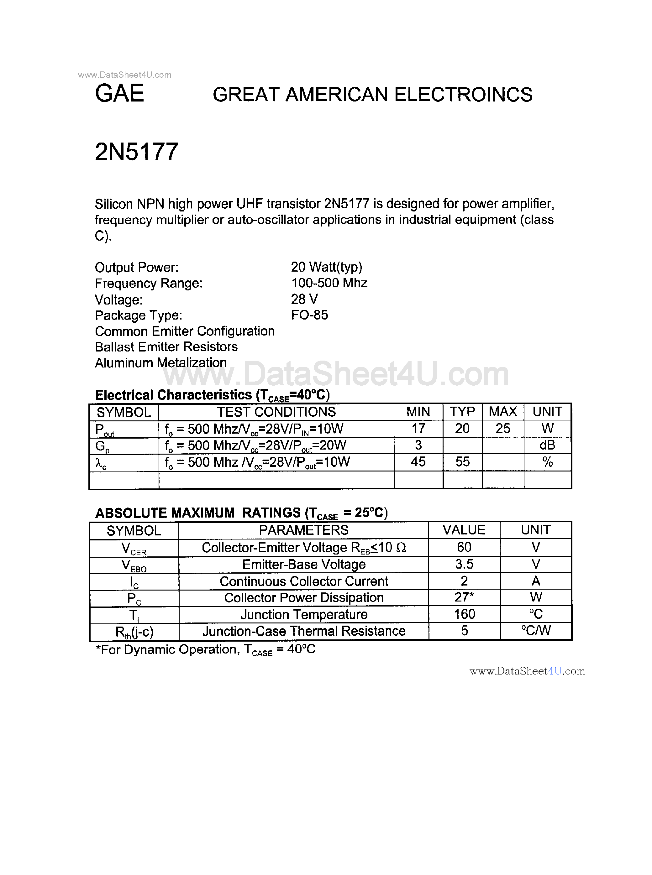 Datasheet 2N5177 - Silicon NPN High Power UHF Transistor page 1