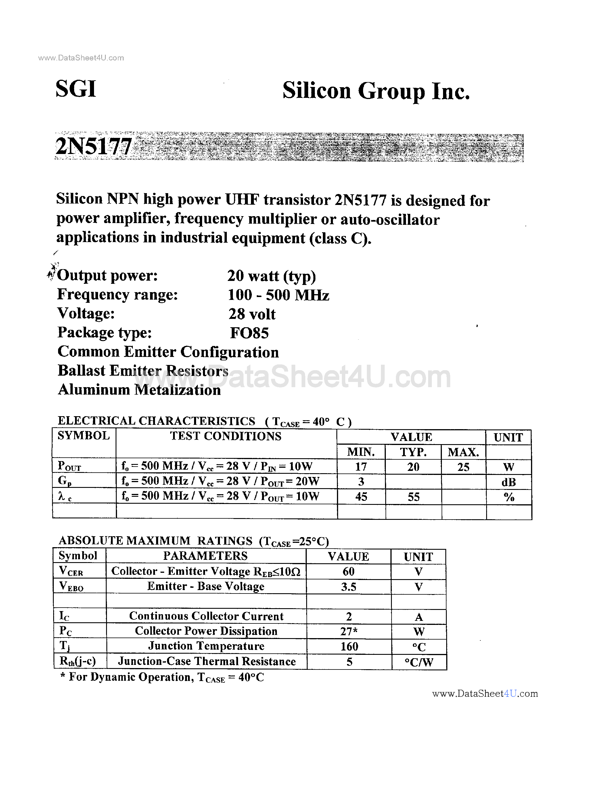 Datasheet 2N5177 - Silicon NPN High Power UHF Transistor page 1