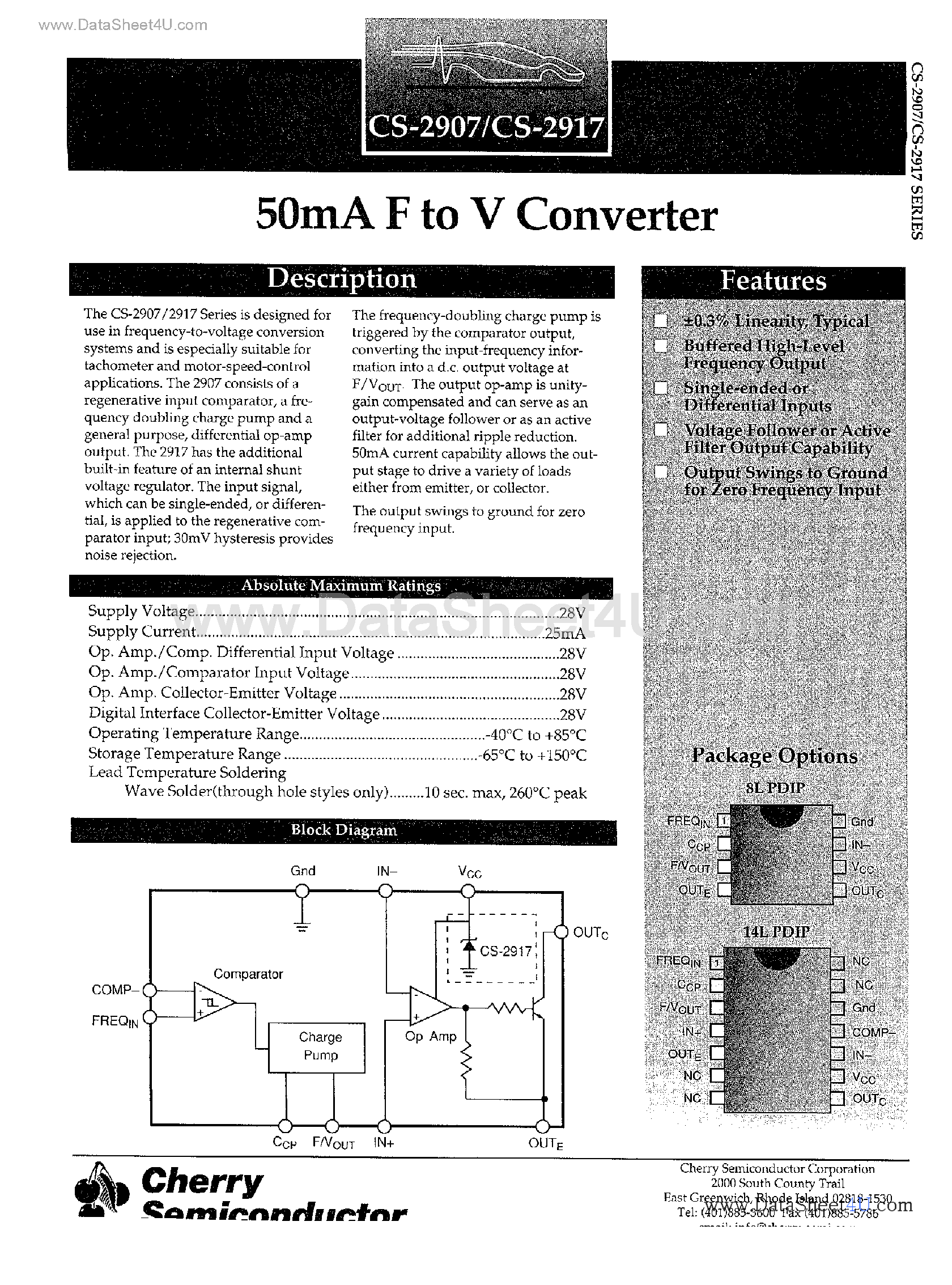 Datasheet CS2907 page 1 Datasheet CS2907 - (CS2907 / CS2917) 50mA F to V Converter page 1