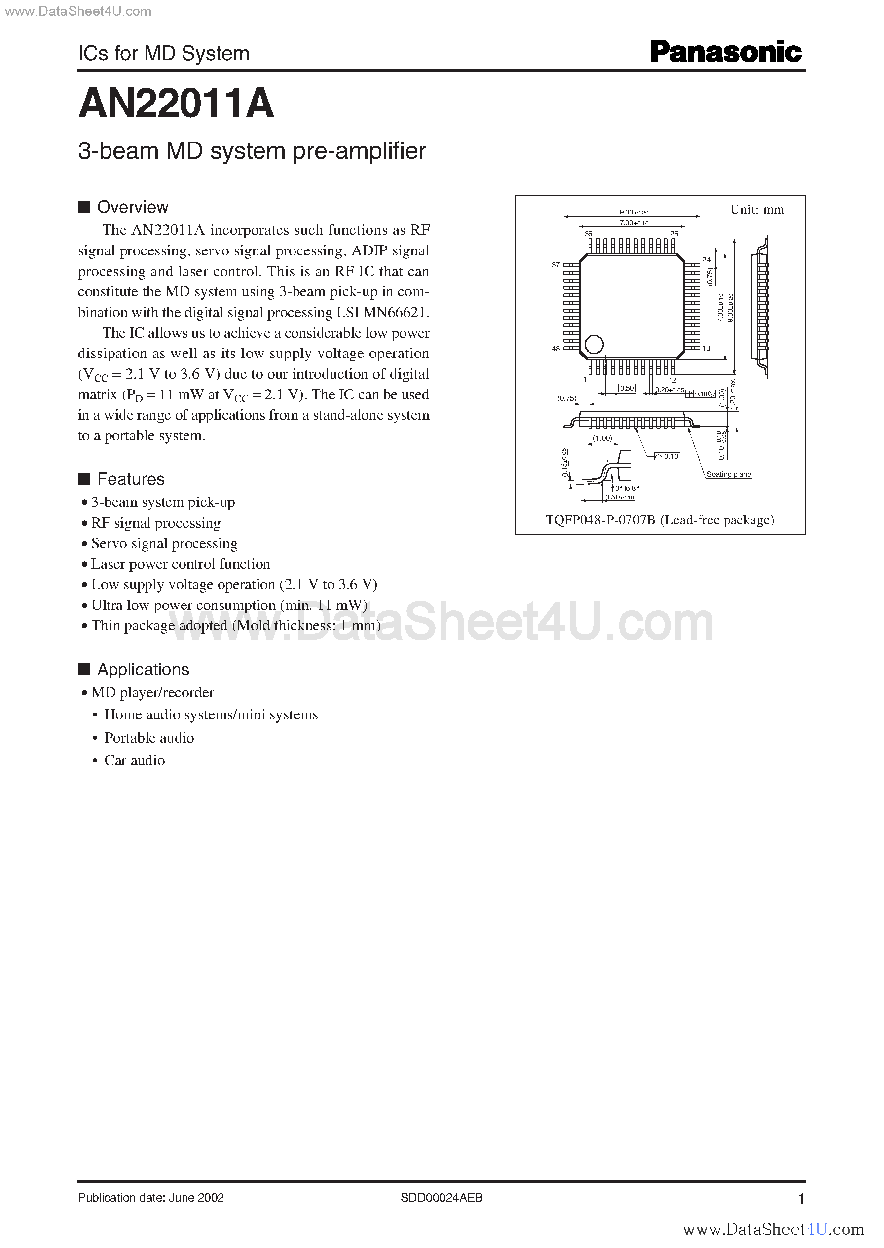 Datasheet AN22011A - 3-Beam MD System Pre-Amplifier page 1