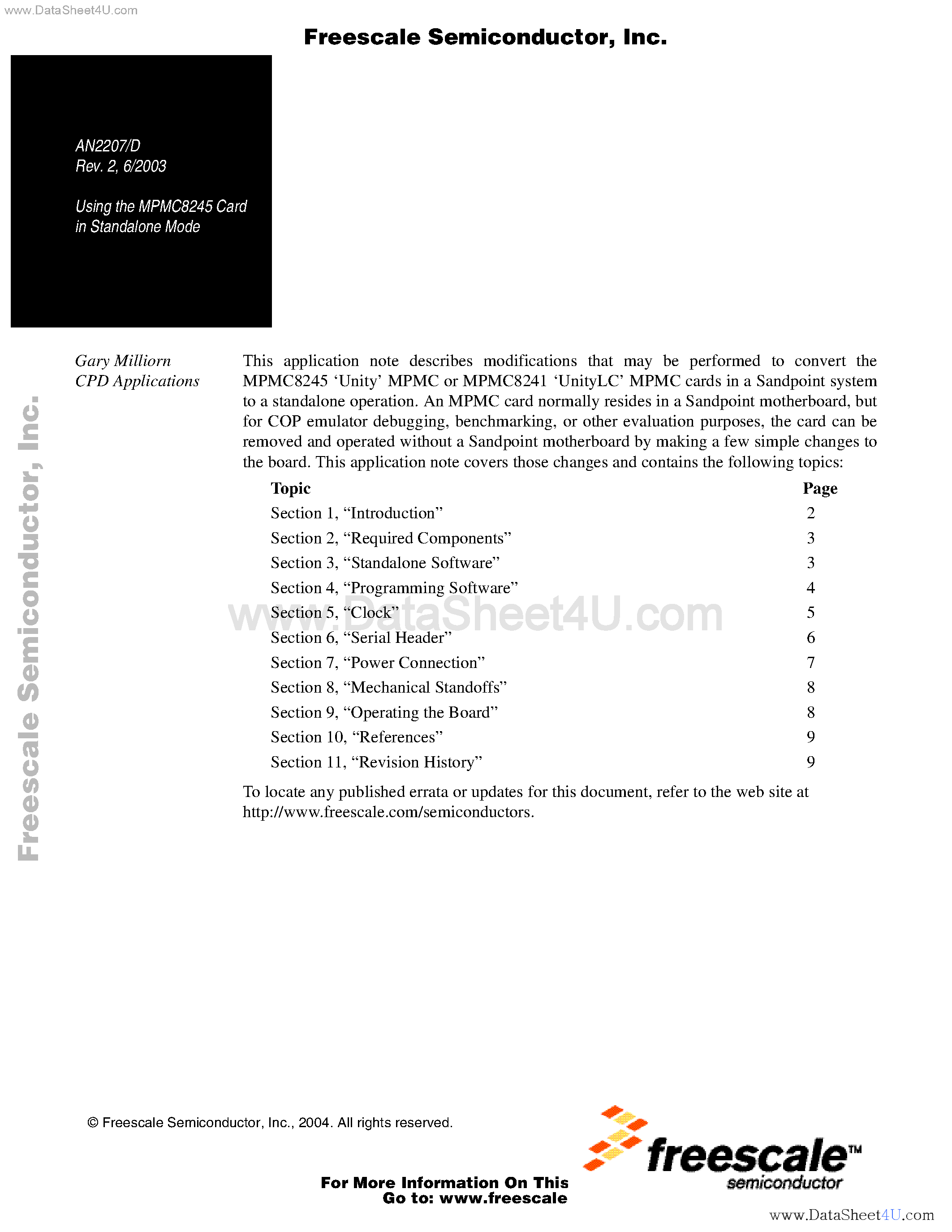 Datasheet AN2207 - Using the MPMC8245 Card in Standalone Mode page 1