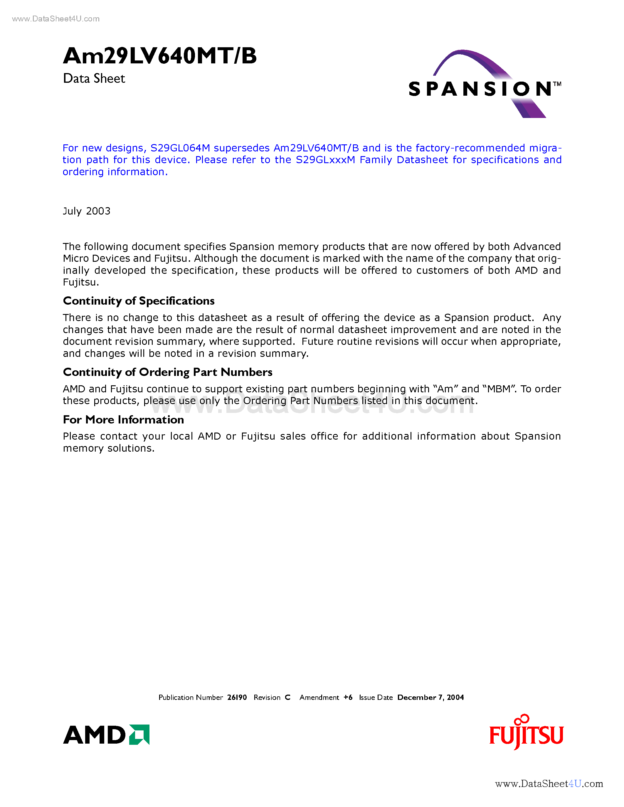 Даташит AM29LV640MB - (AM29LV640MT/B) 64 Megabit (4 M x 16-Bit/8 M x 8-Bit) MirrorBit 3.0 Volt-only Boot Sector Flash Memory страница 1
