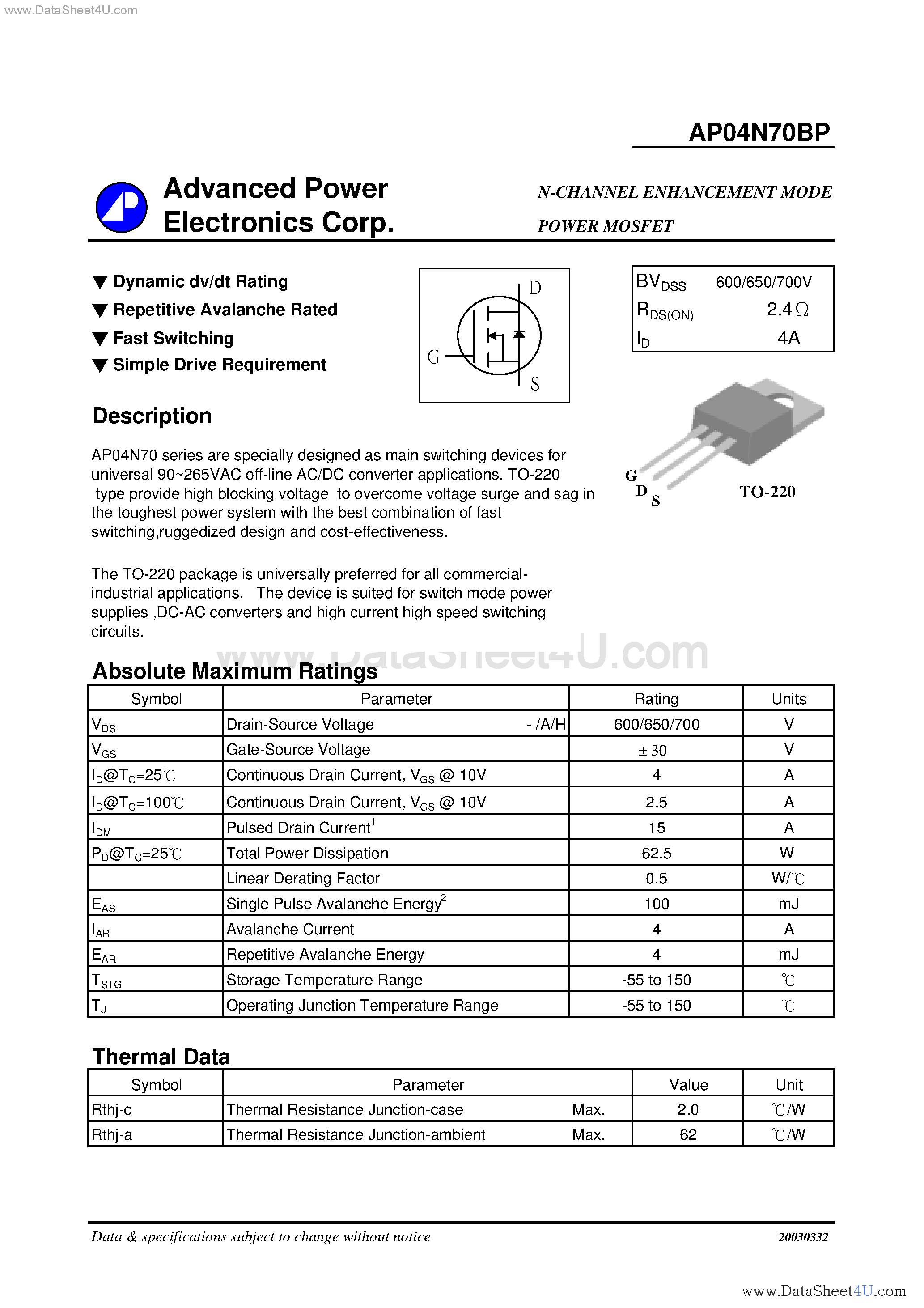 Datasheet AP04N70BP - N-CHANNEL ENHANCEMENT MODE page 1