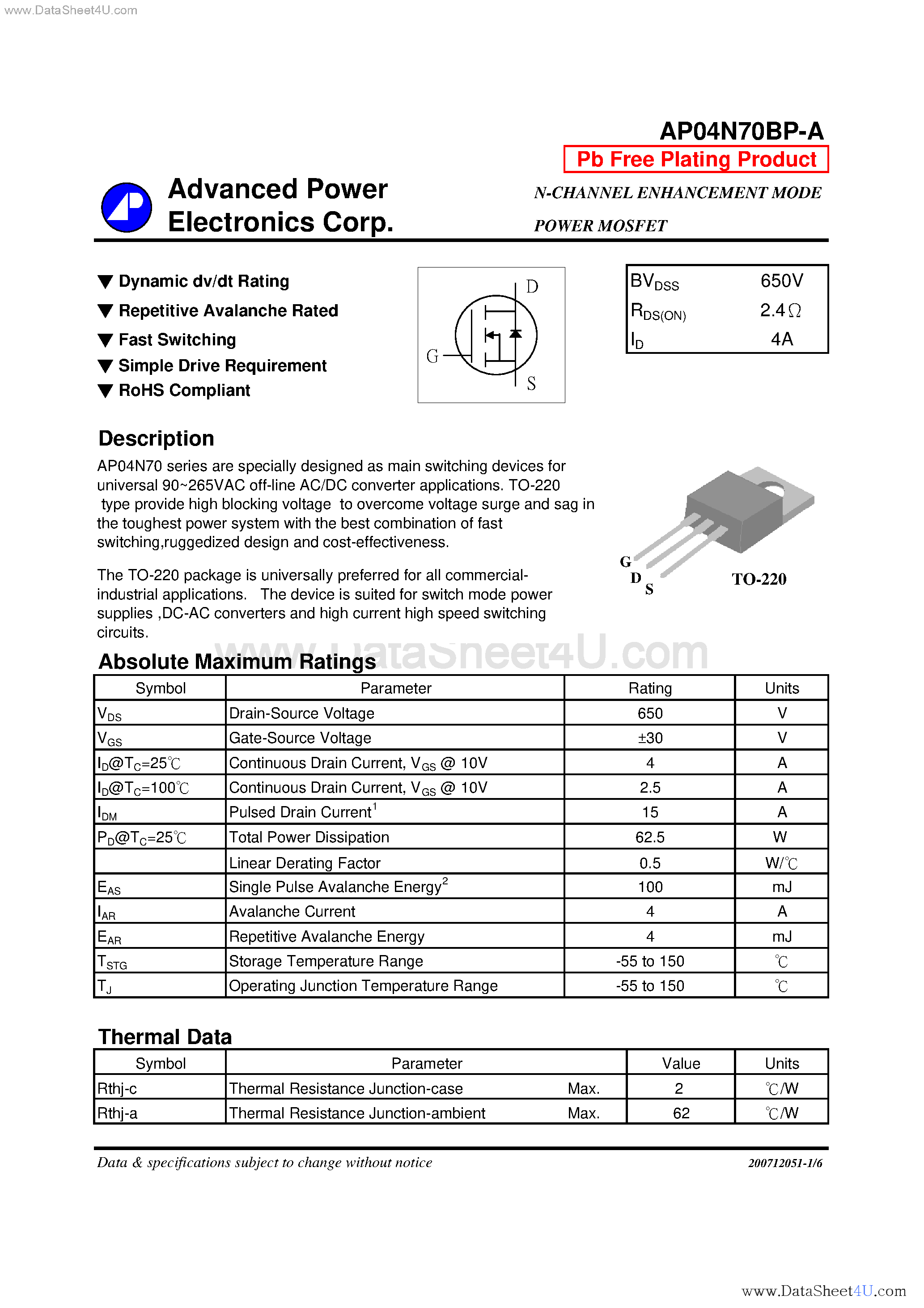 Datasheet AP04N70BP-A - N-CHANNEL ENHANCEMENT MODE POWER MOSFET page 1
