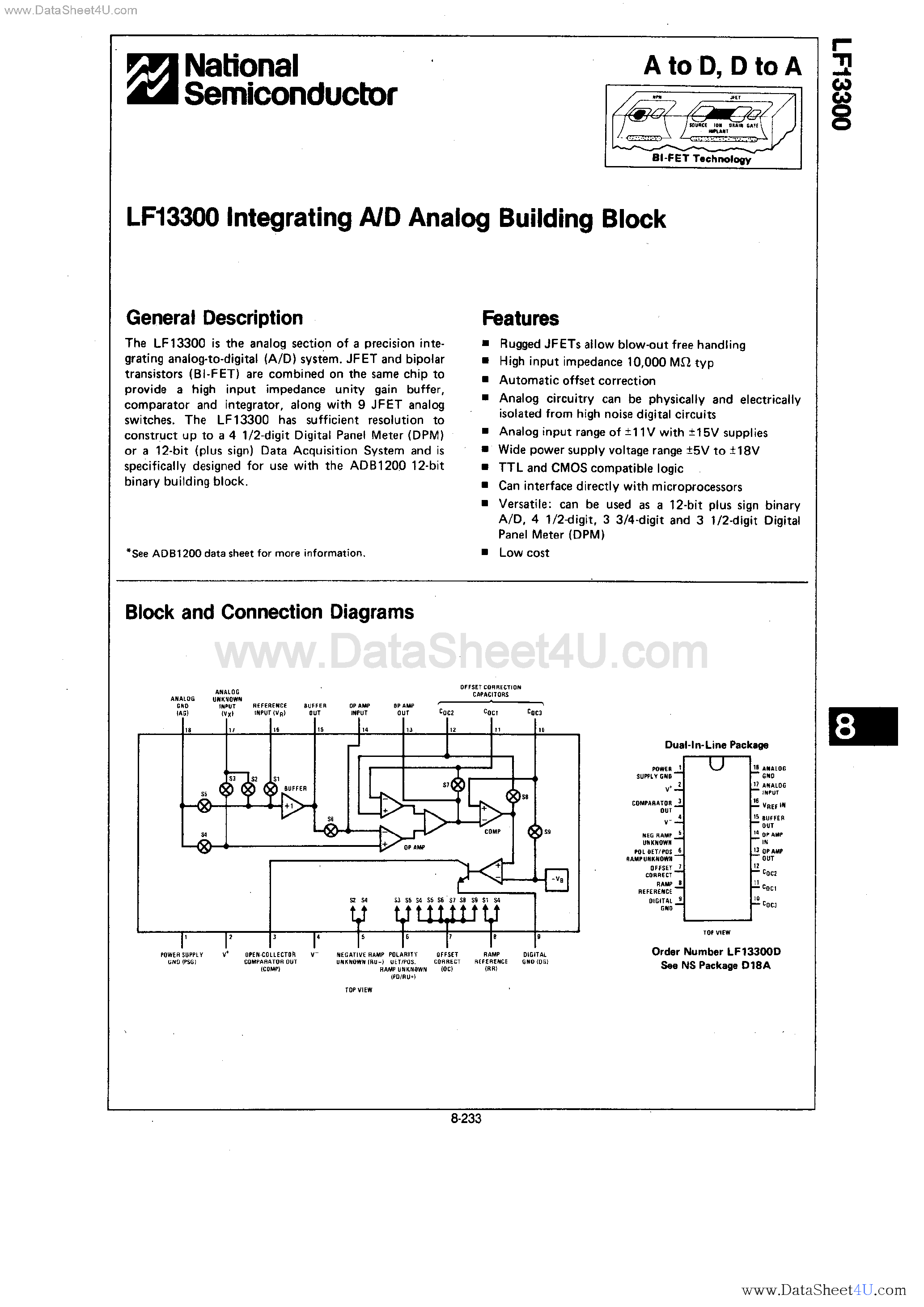 Datasheet LF13300 - Integrating A/D Analog Building Block page 1