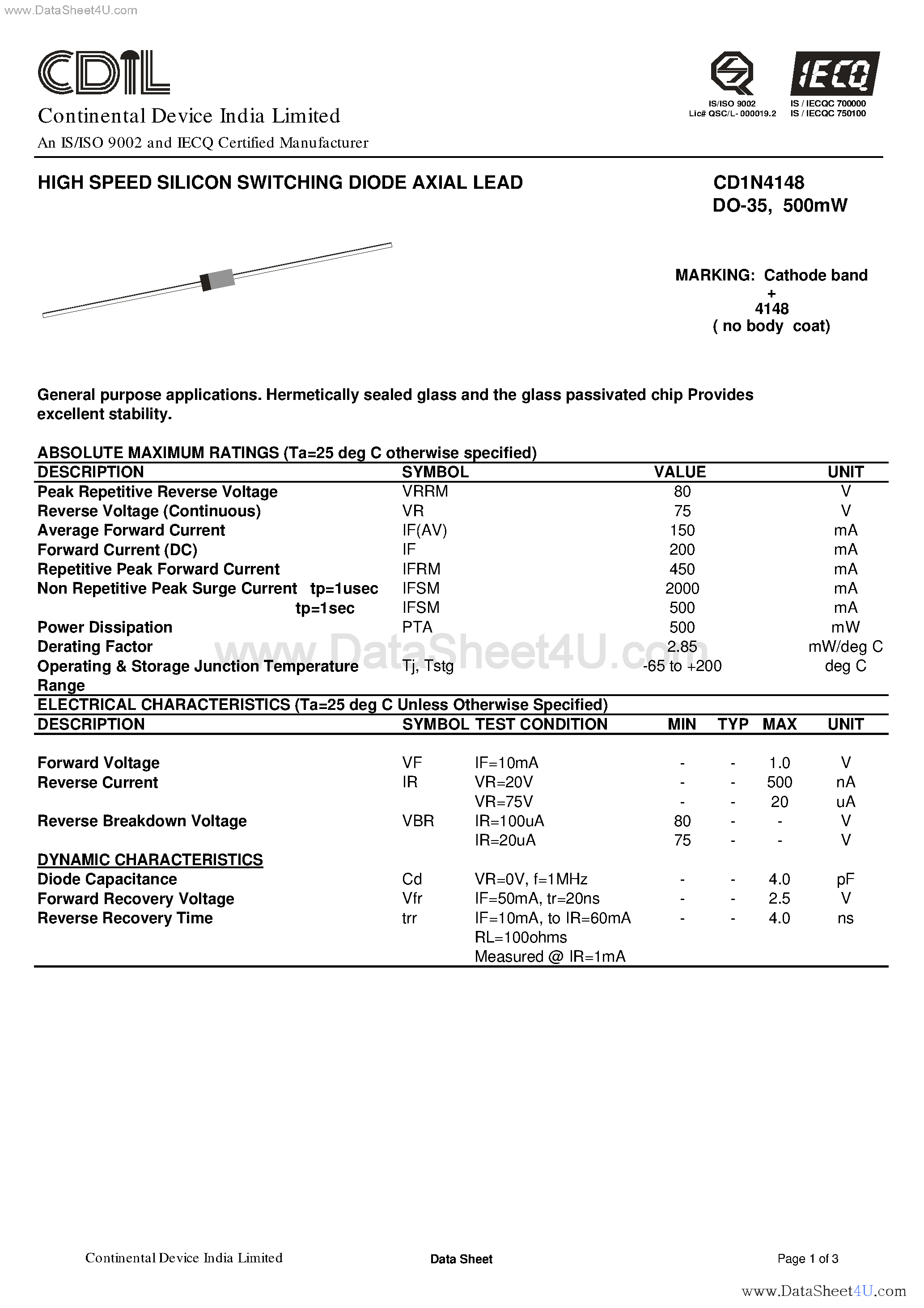 Datasheet CD1N4148 page 1 Datasheet CD1N4148 - High Speed Silicon Switching Diode Axial Lead page 1
