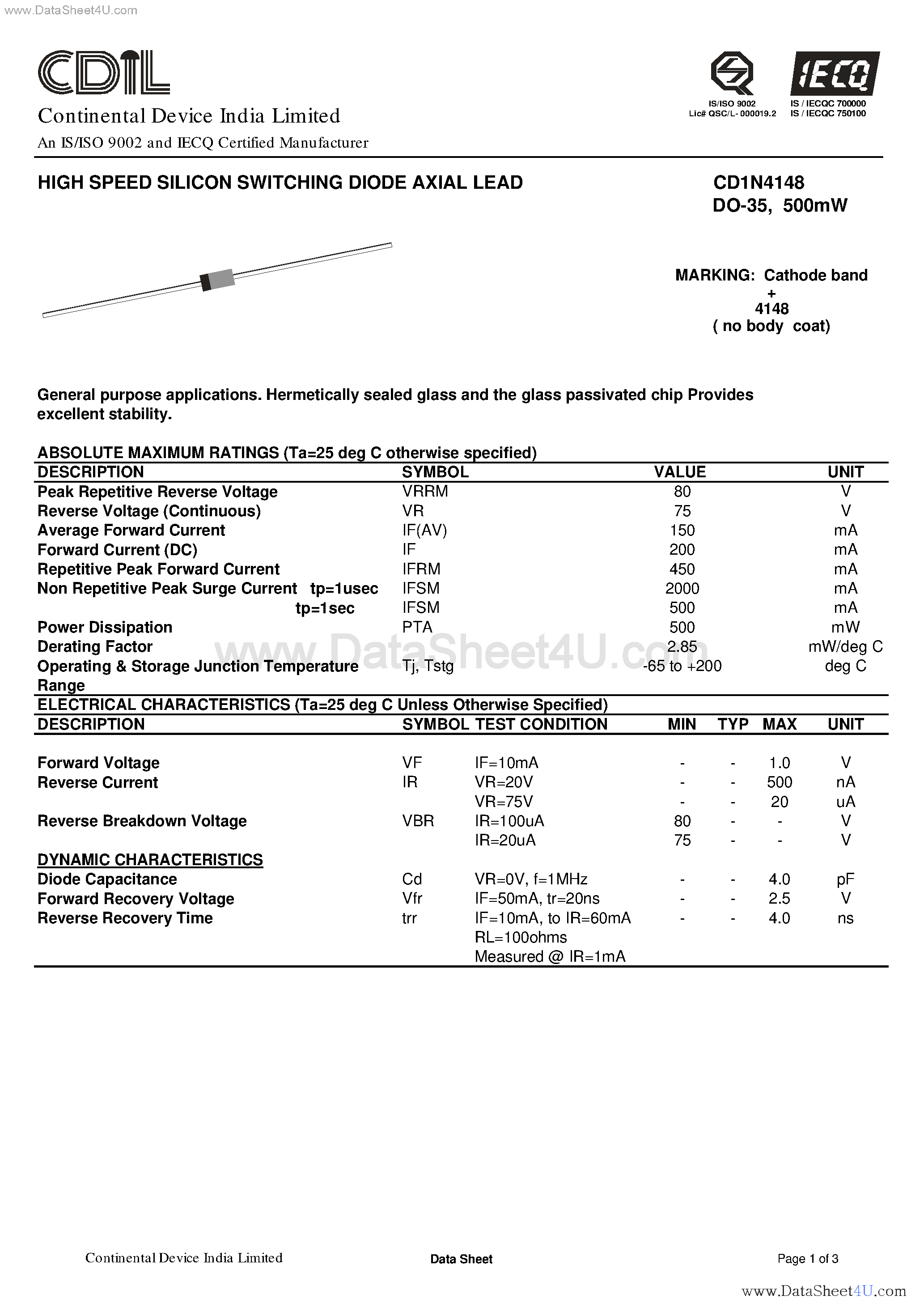 Datasheet CD1N4148 - High Speed Silicon Switching Diode Axial Lead page 1