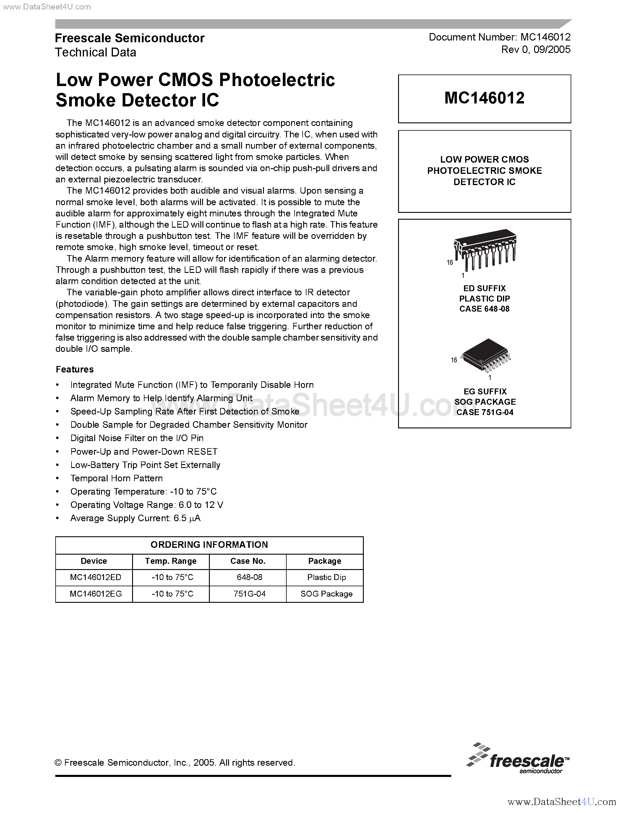 Datasheet MC146012 page 1 Datasheet MC146012 - Low Power CMOS Photoelectric Smoke Detector IC page 1