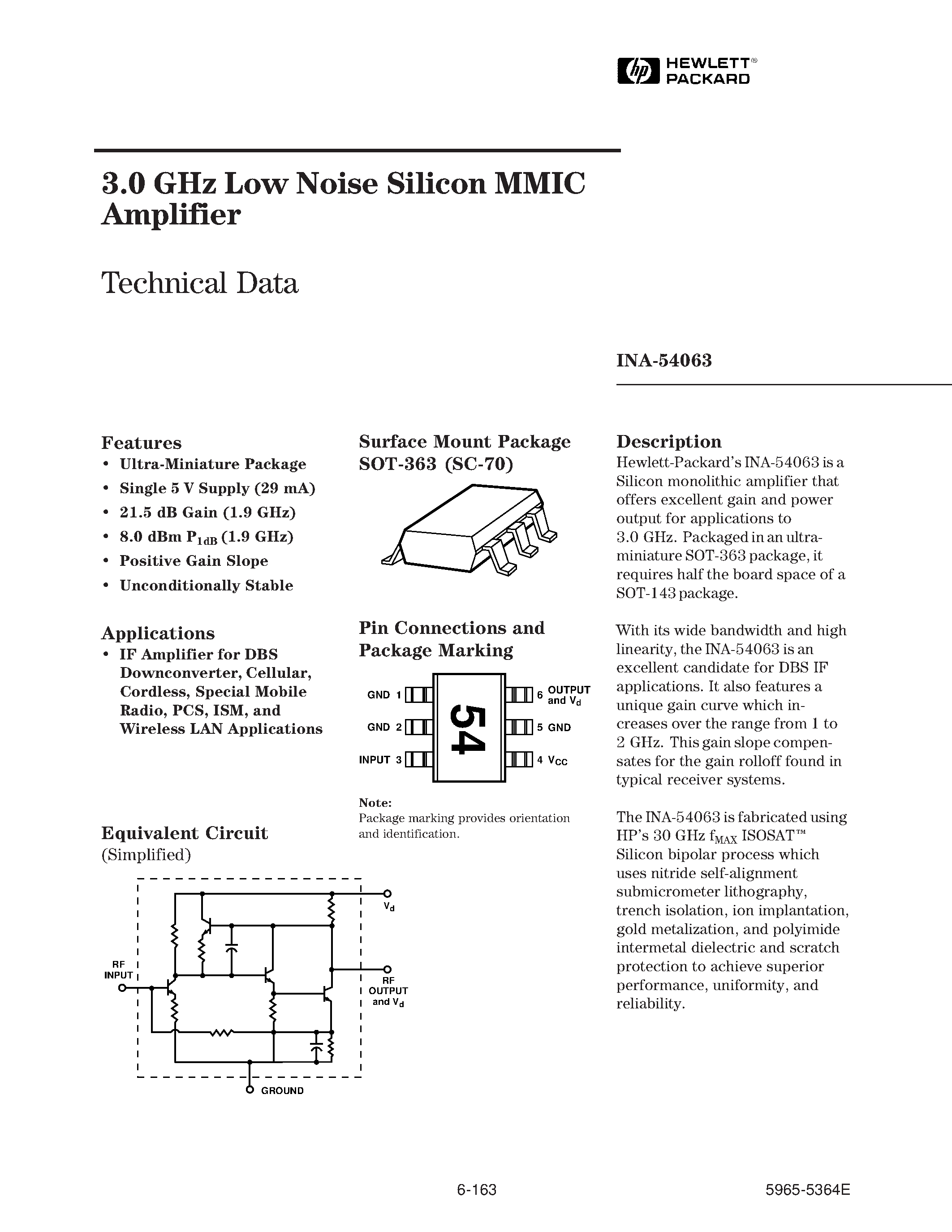 Datasheet INA-54063 - 3.0 GHz Low Noise Silicon MMIC Amplifier page 1