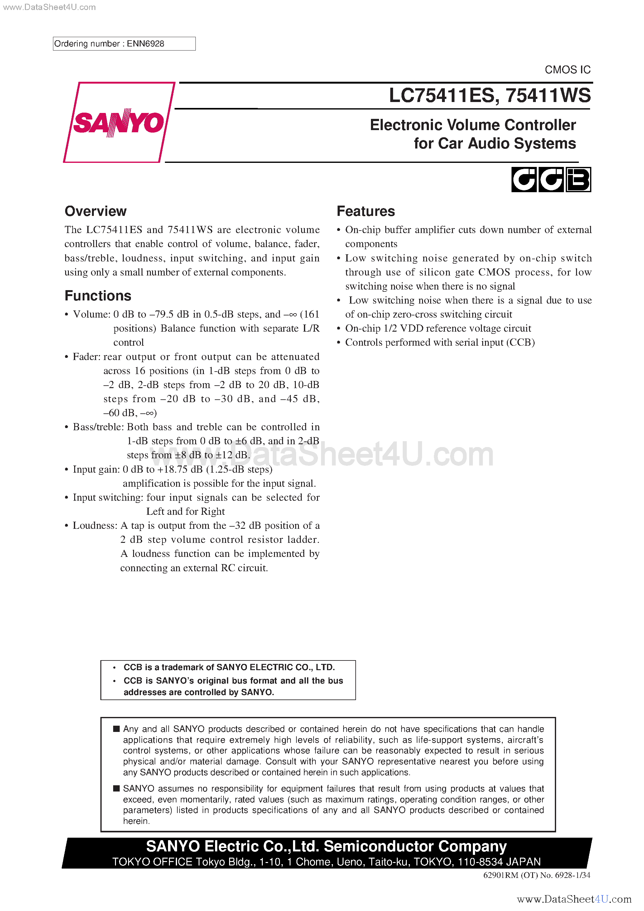 Даташит на микросхему LC75411ES страница 1 Даташит LC75411ES - (LC75411ES/WS) electronic volume control system страница 1