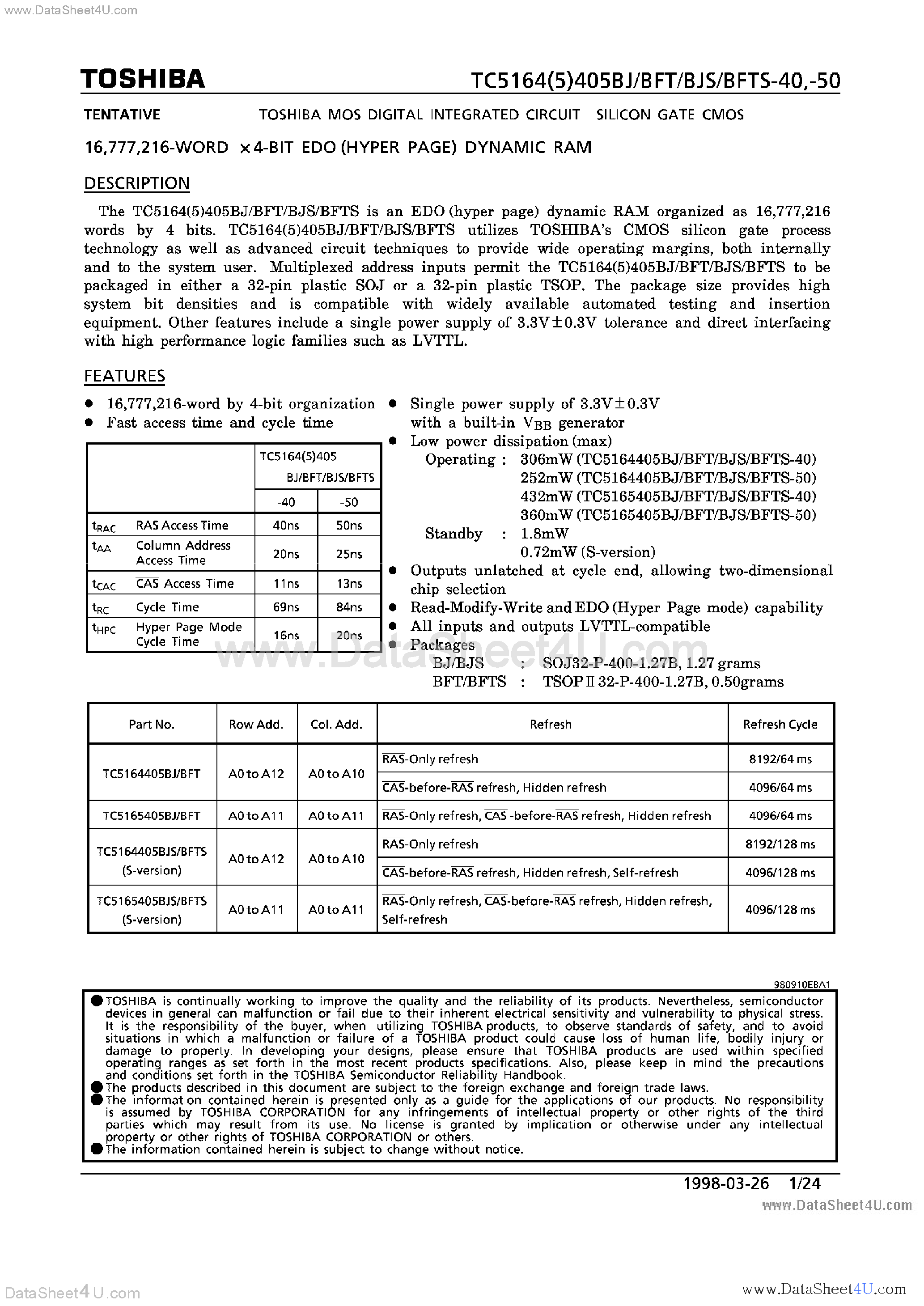 Datasheet TC5164405BFT page 1 Datasheet TC5164405BFT - (TC516x405Bxx) EDO DRAM page 1