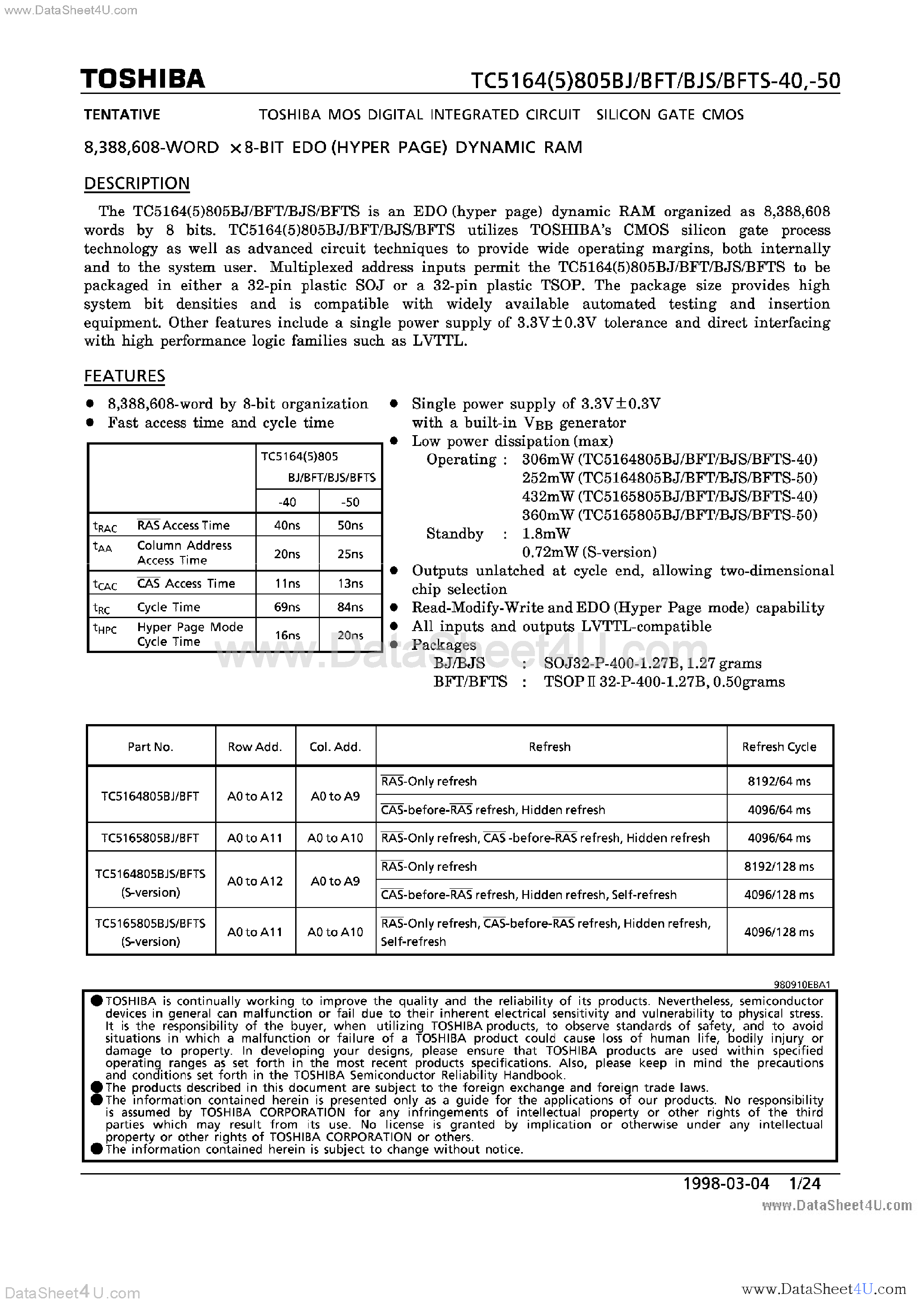 Datasheet TC5164805BFT page 1 Datasheet TC5164805BFT - (TC516x805Bxx) EDO DRAM page 1
