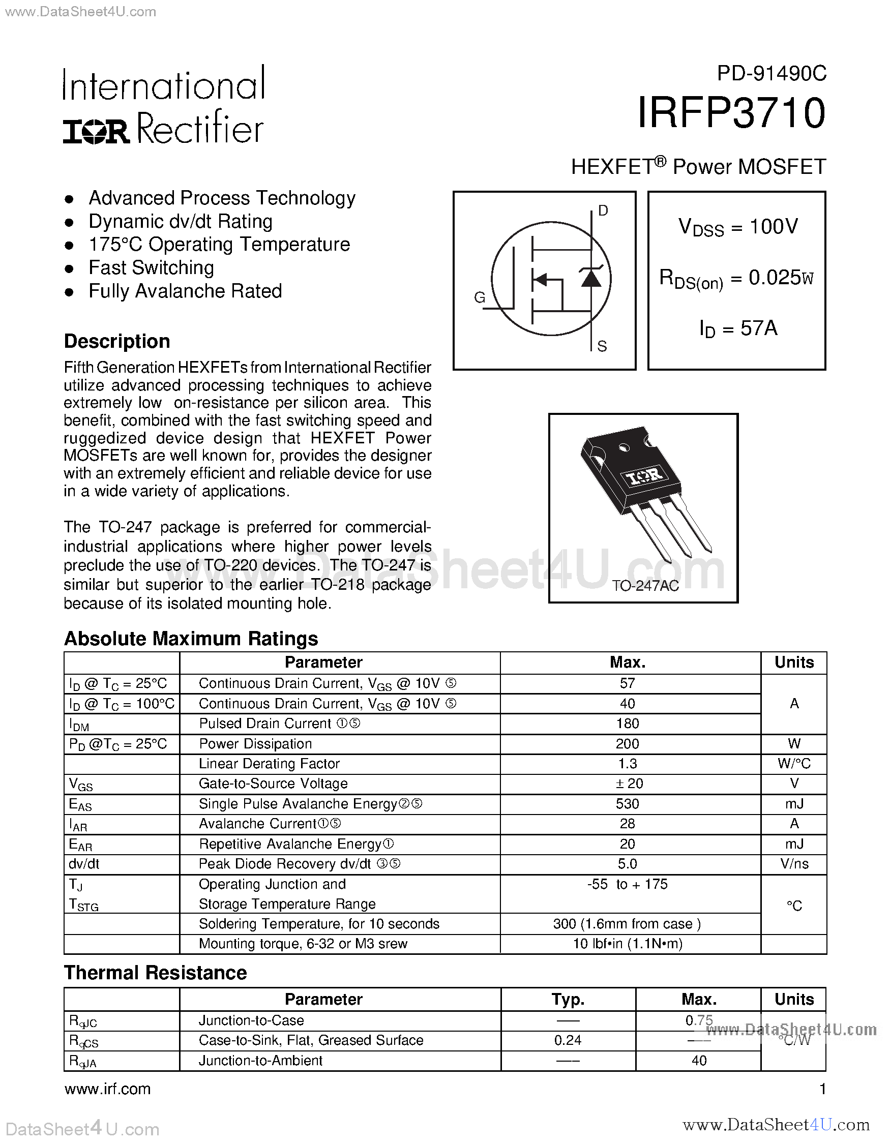 Datasheet IRFP3710 - Power MOSFET page 1