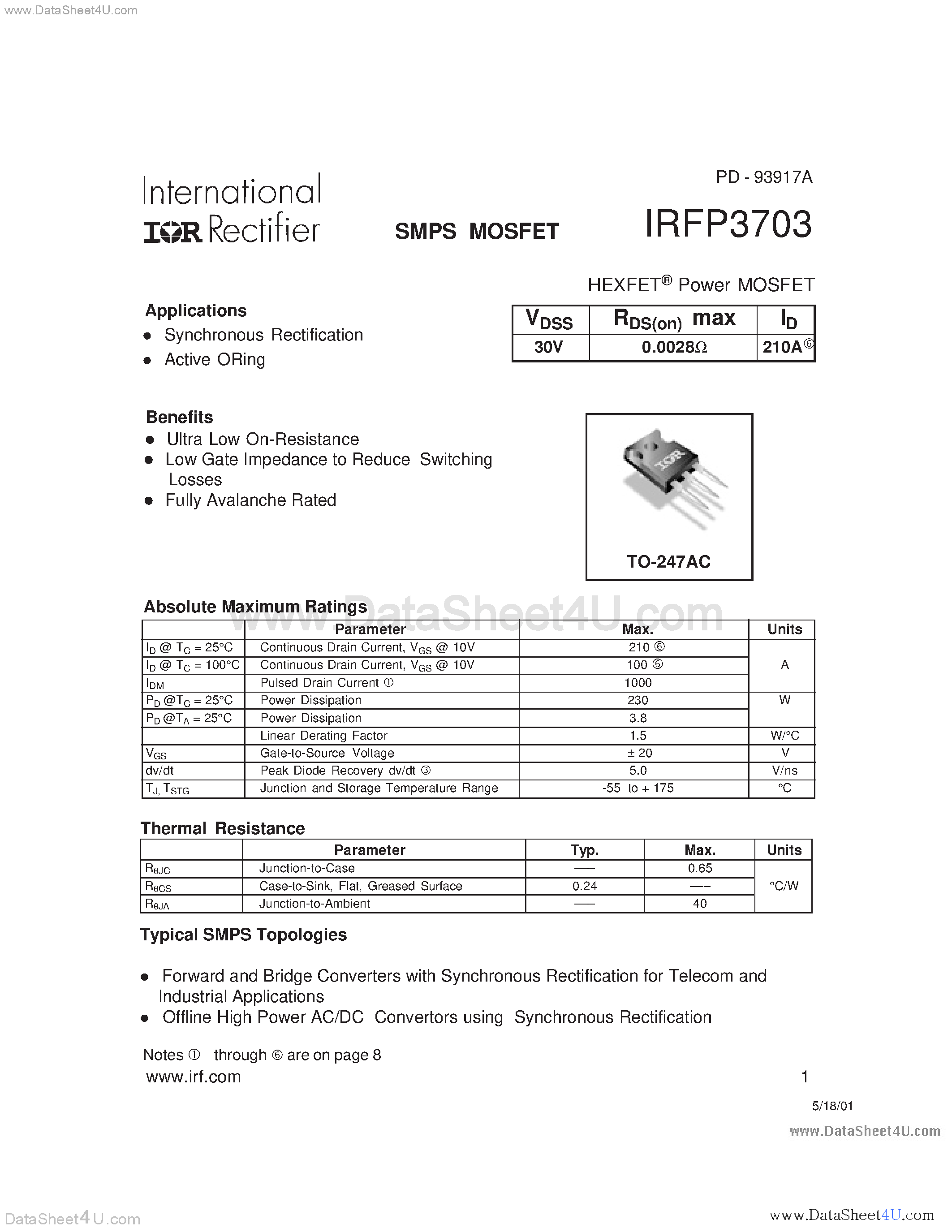 Datasheet IRFP3703 - Power MOSFET page 1
