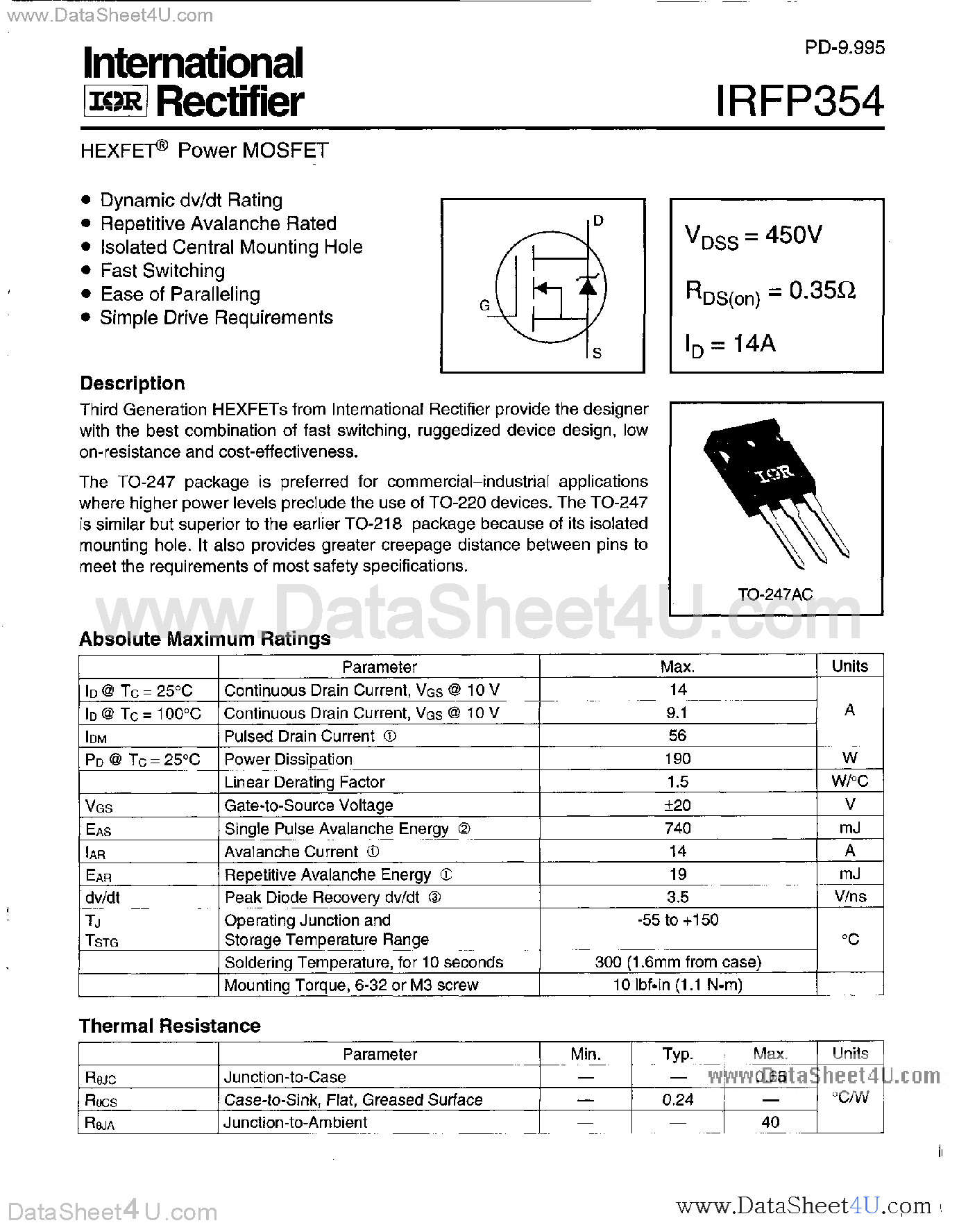 Datasheet IRFP354 - Power MOSFET page 1
