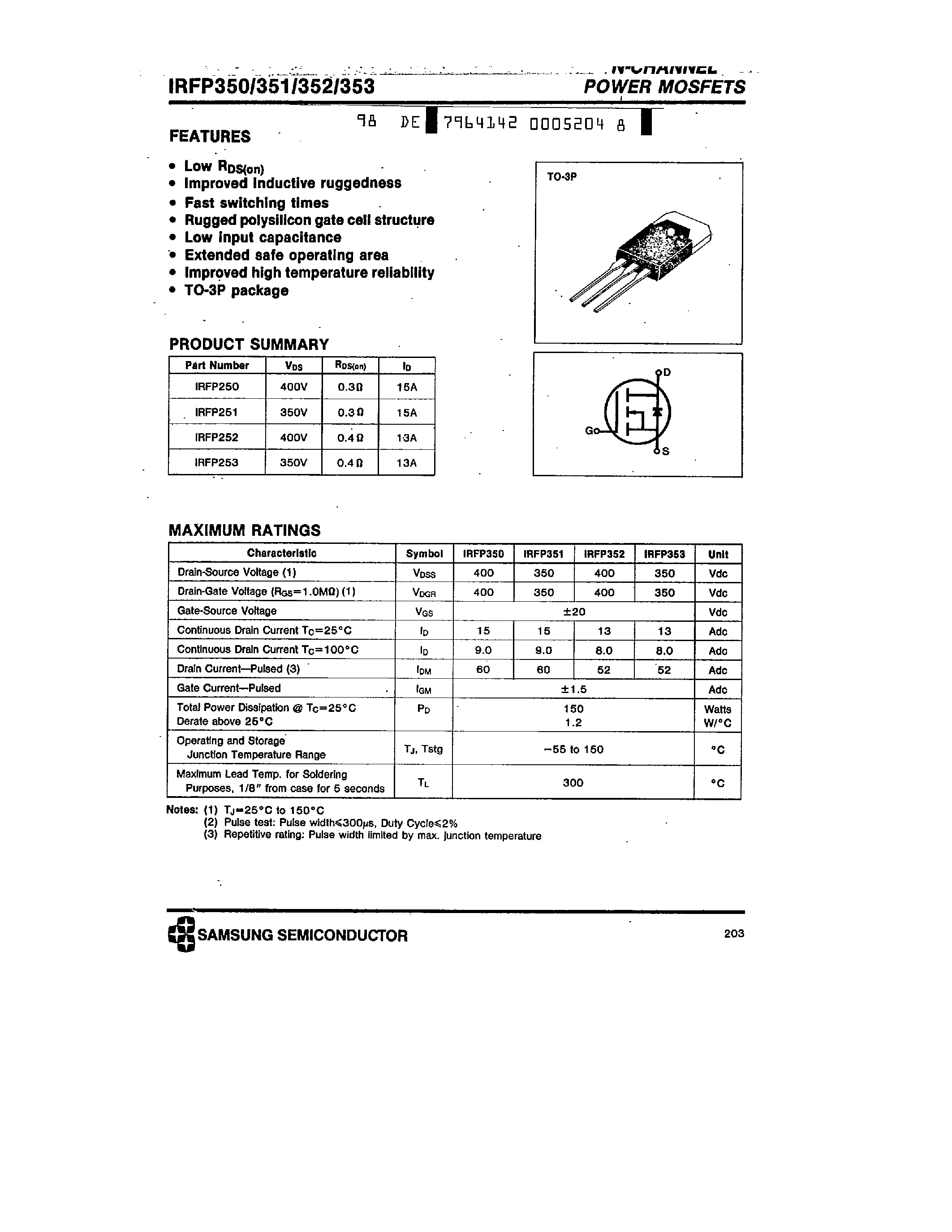 Даташит IRFP350-(IRFP350 - IRFP353) N-CHANNEL POWER MOSFETS страница 1