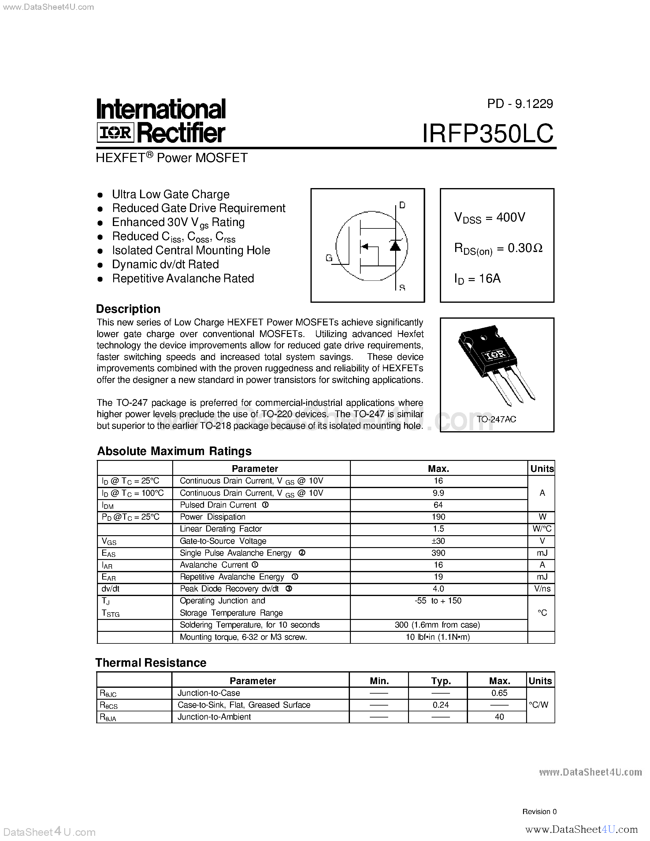 Datasheet IRFP350LC - Power MOSFET page 1
