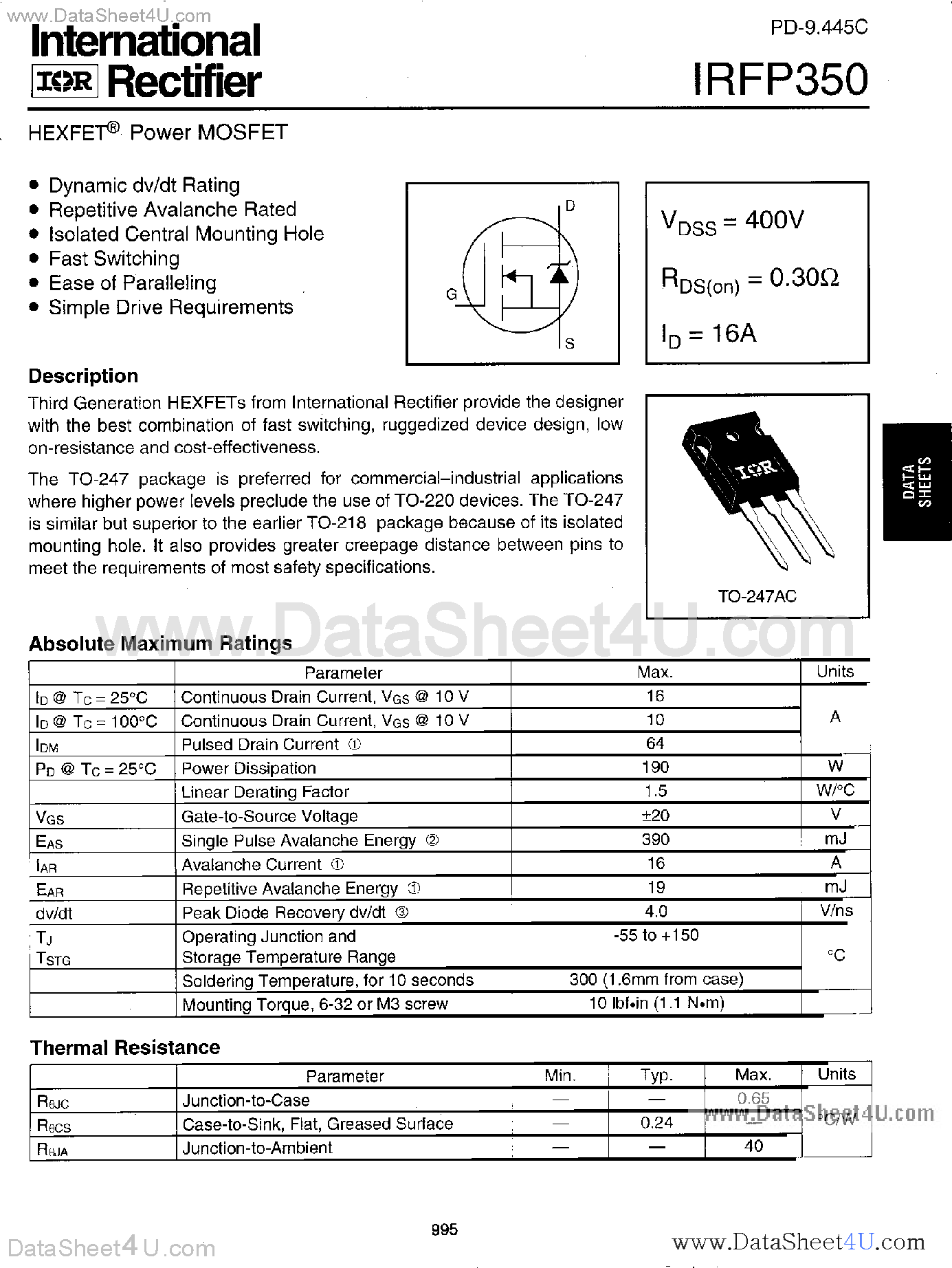 Datasheet IRFP350 - Power MOSFET page 1