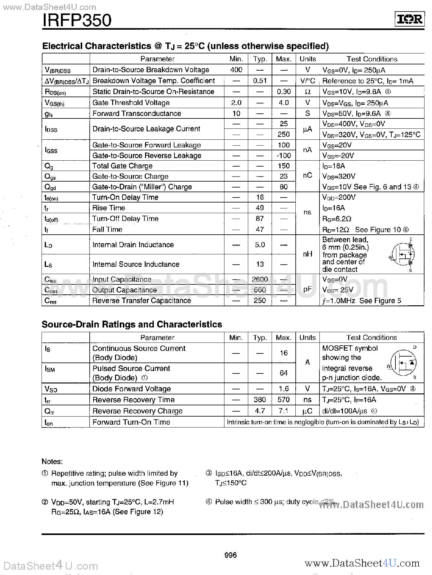 Datasheet IRFP350 - Power MOSFET page 2