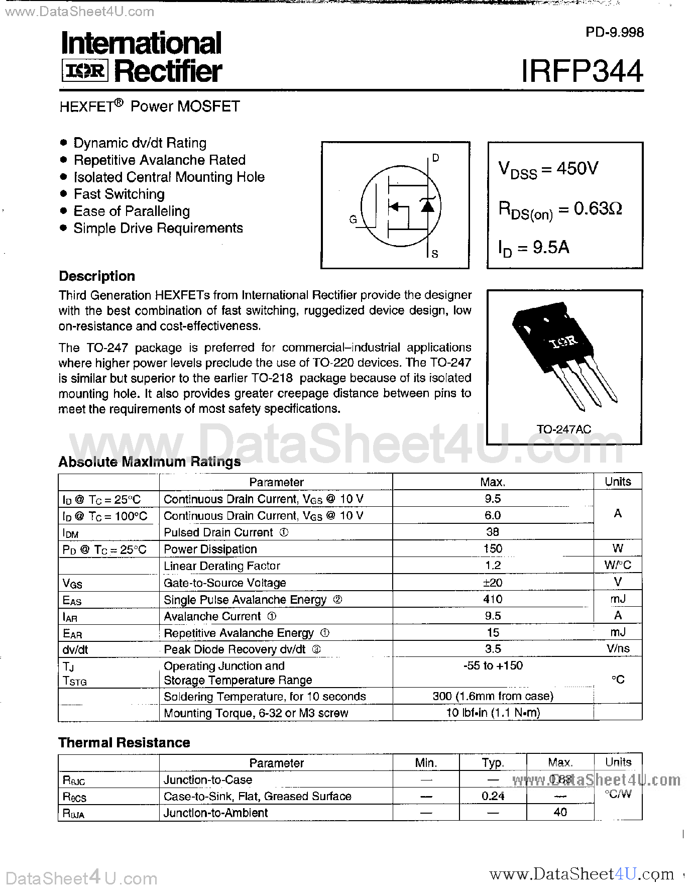 Datasheet IRFP344 - Power MOSFET page 1