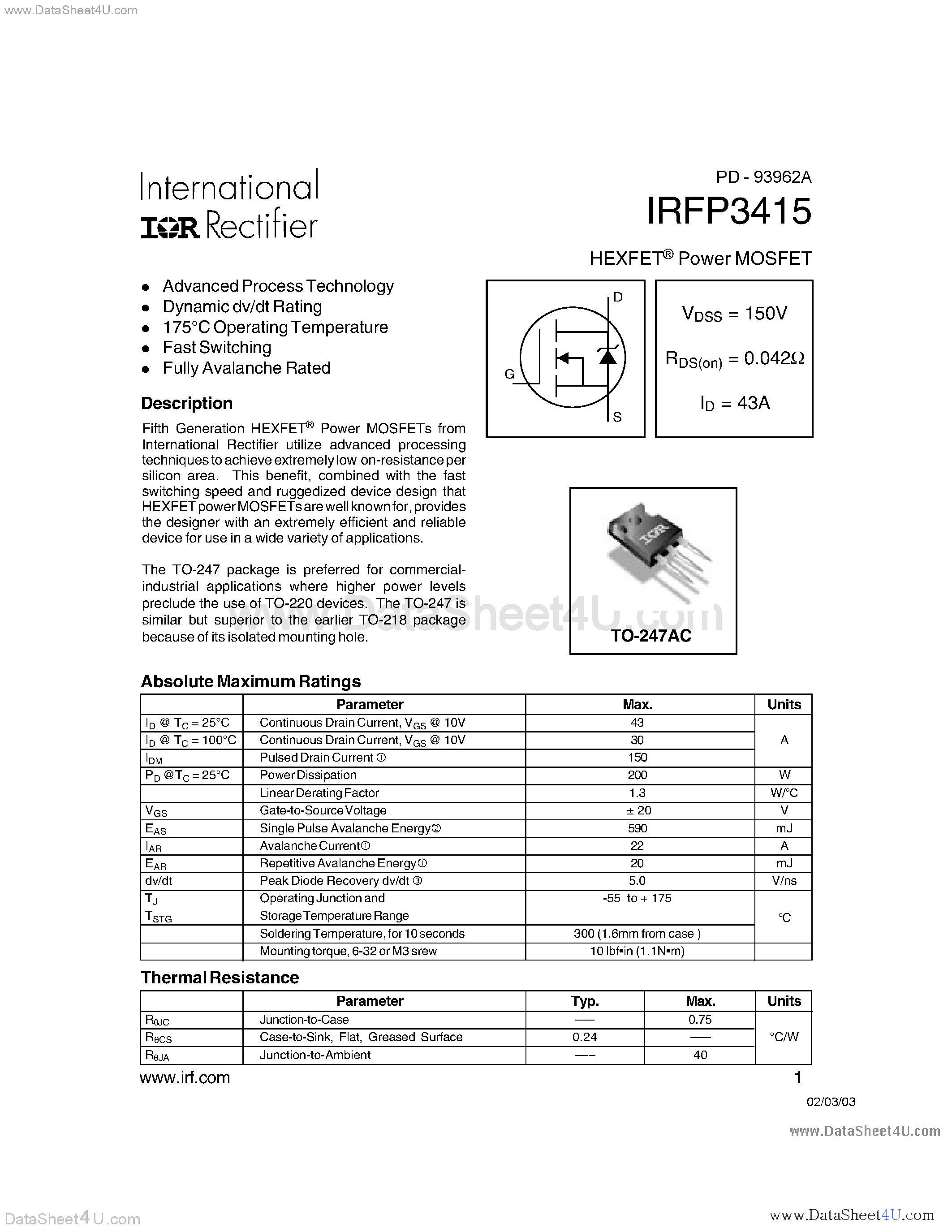 Datasheet IRFP3415 page 1 Datasheet IRFP3415 - Power MOSFET page 1