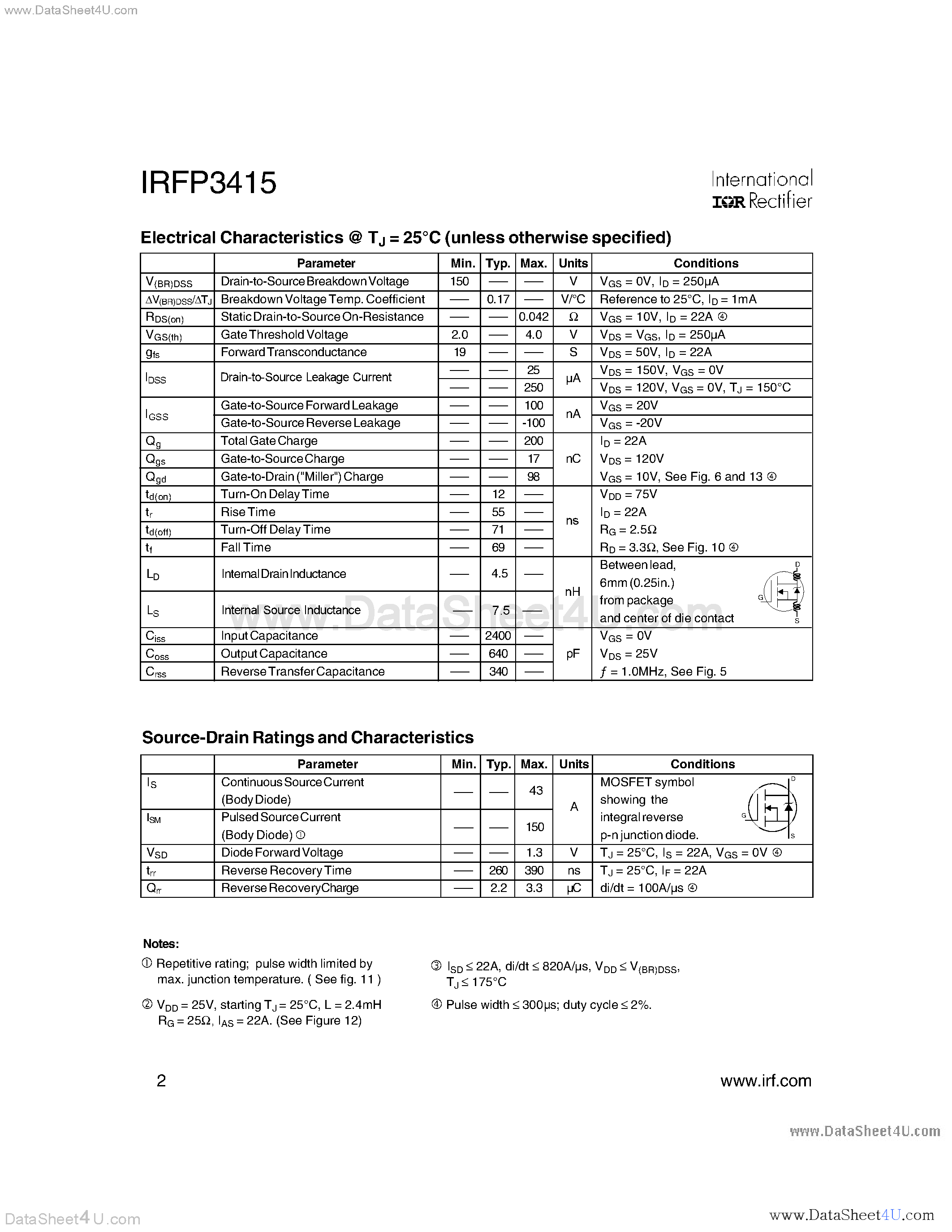 Datasheet IRFP3415 page 2 Datasheet IRFP3415 - Power MOSFET page 2